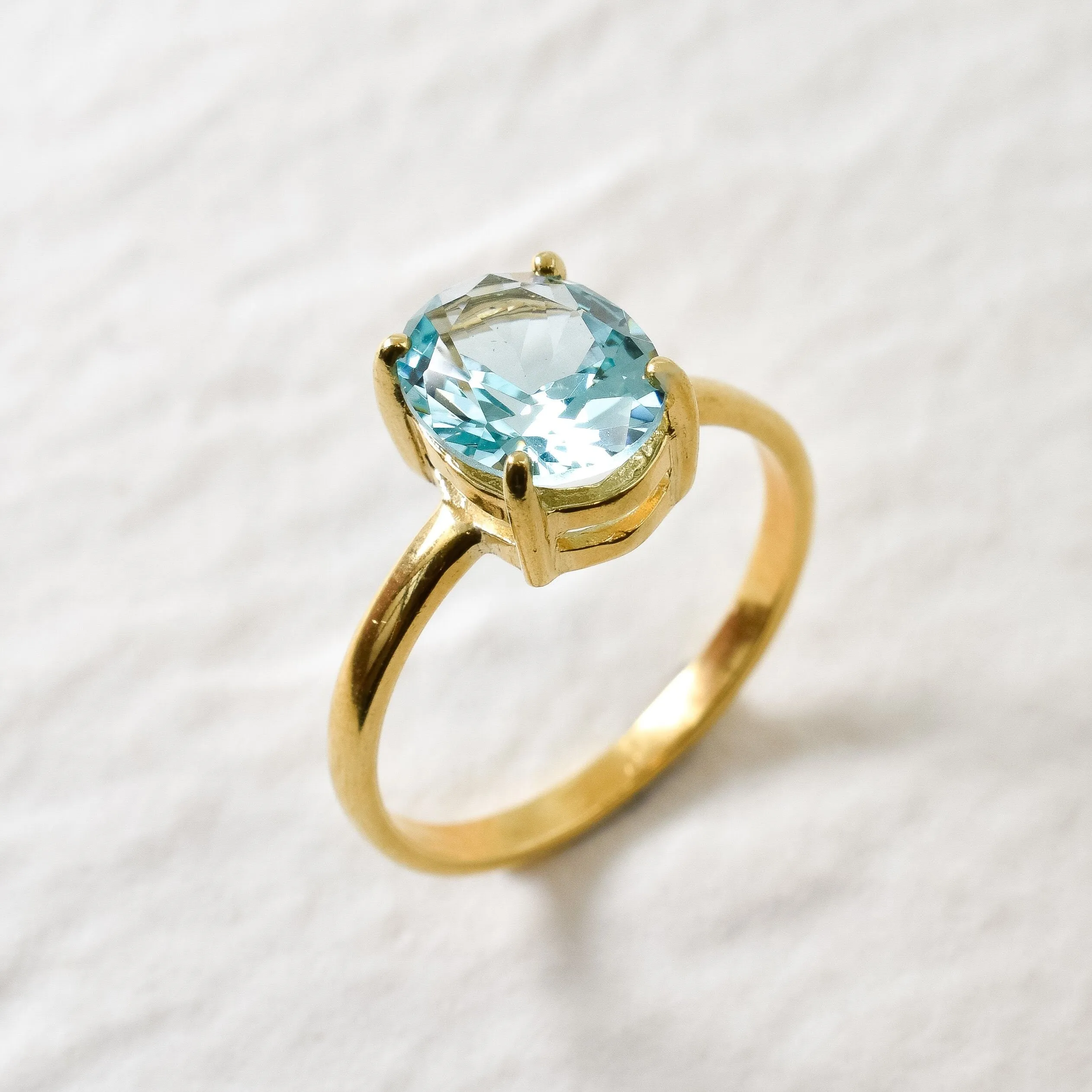 Gold Aquamarine Ring - Oval Aquamarine Ring, Blue Solitaire Ring