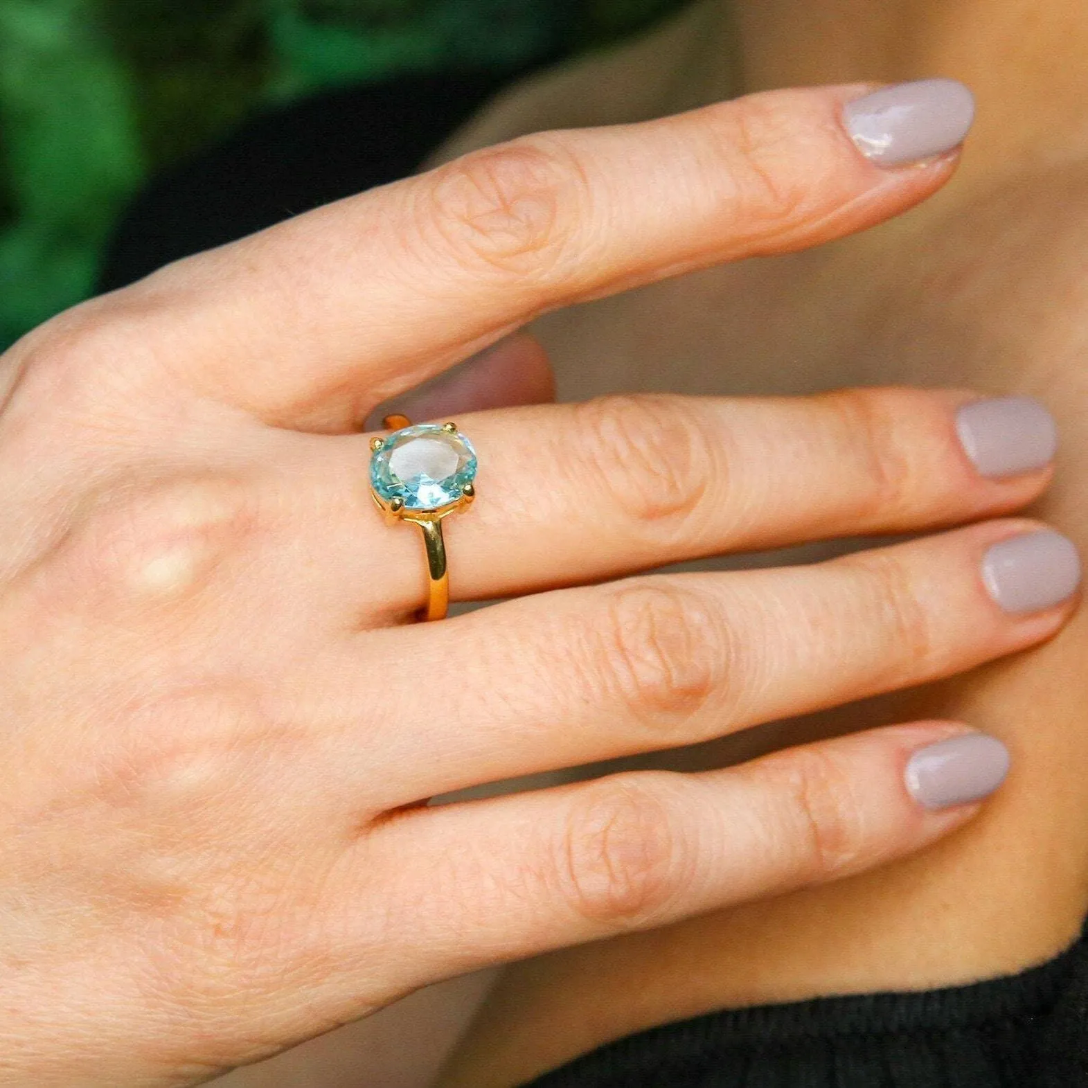 Gold Aquamarine Ring - Oval Aquamarine Ring, Blue Solitaire Ring