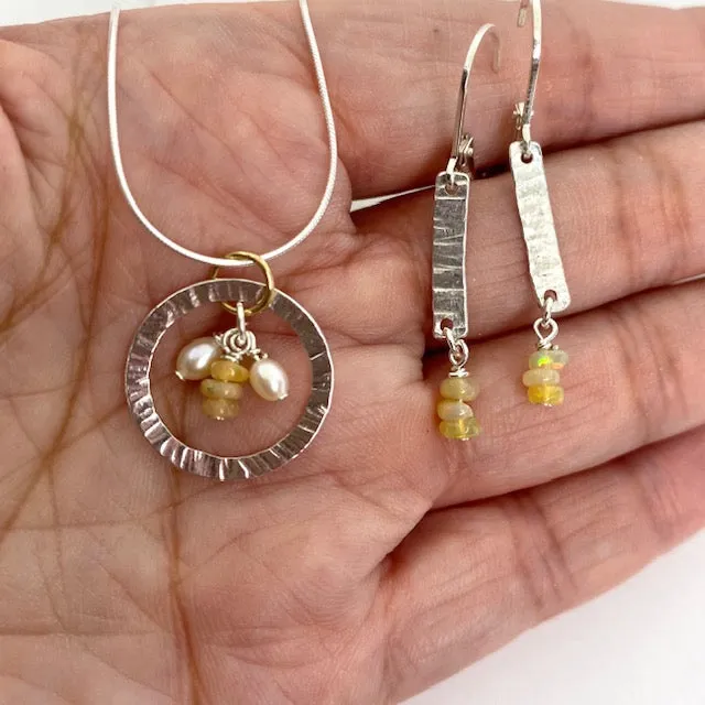 Hammered Birch with mini Opals Earrings