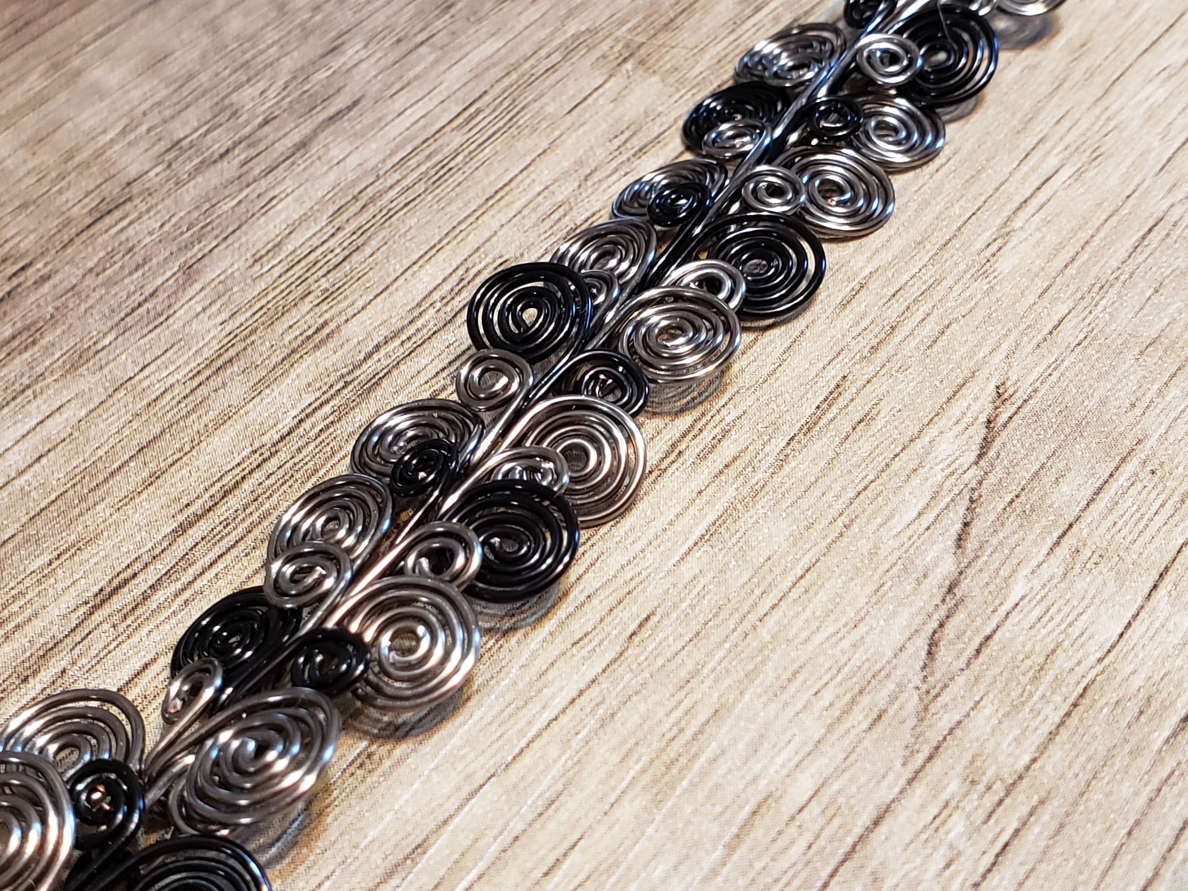Hand Crafted Gun Metal & Black Wire Spiral Chain Bracelet. Adjustable 6.5"-8" with Lobster Claw Clasp