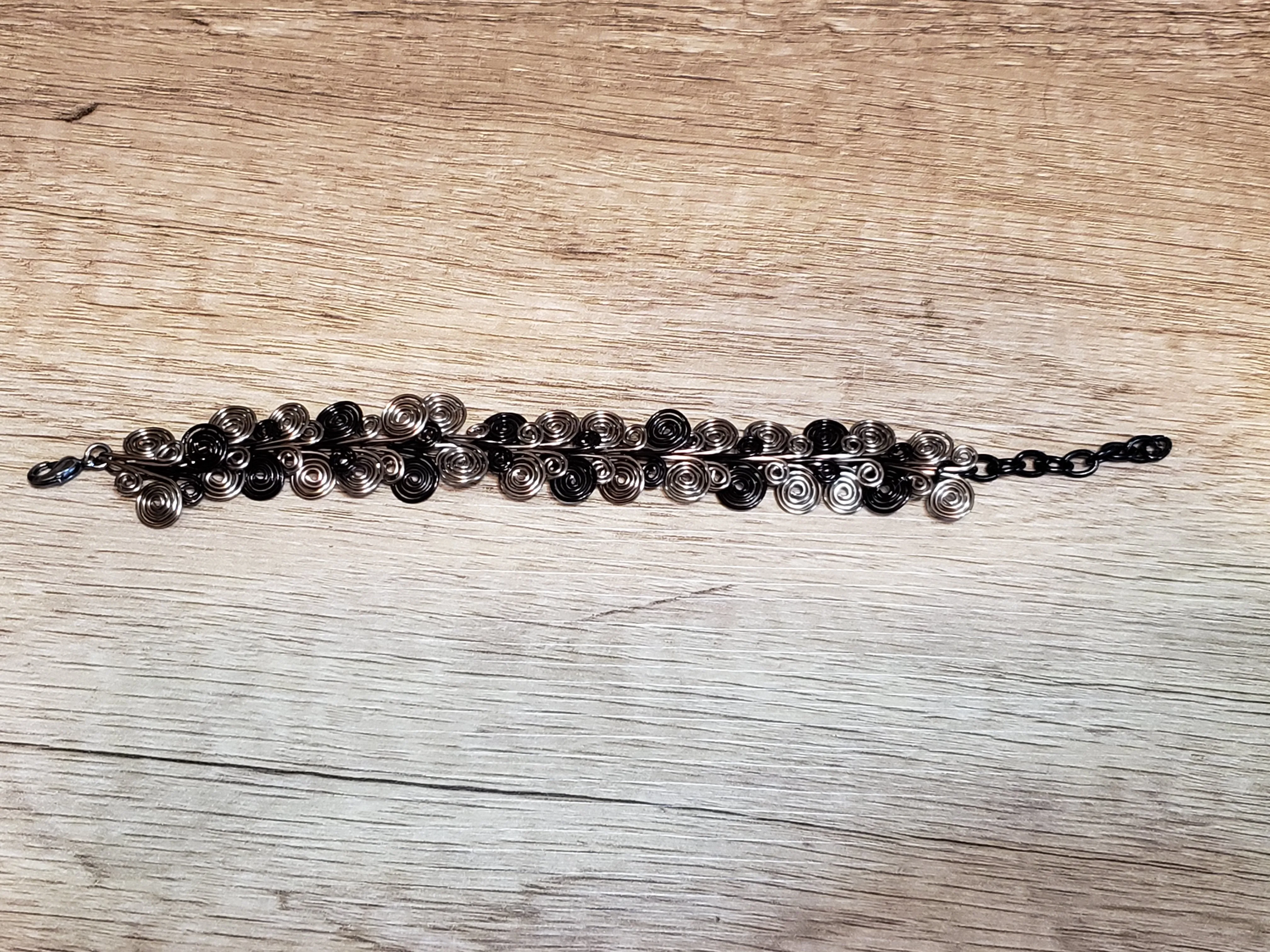 Hand Crafted Gun Metal & Black Wire Spiral Chain Bracelet. Adjustable 6.5"-8" with Lobster Claw Clasp