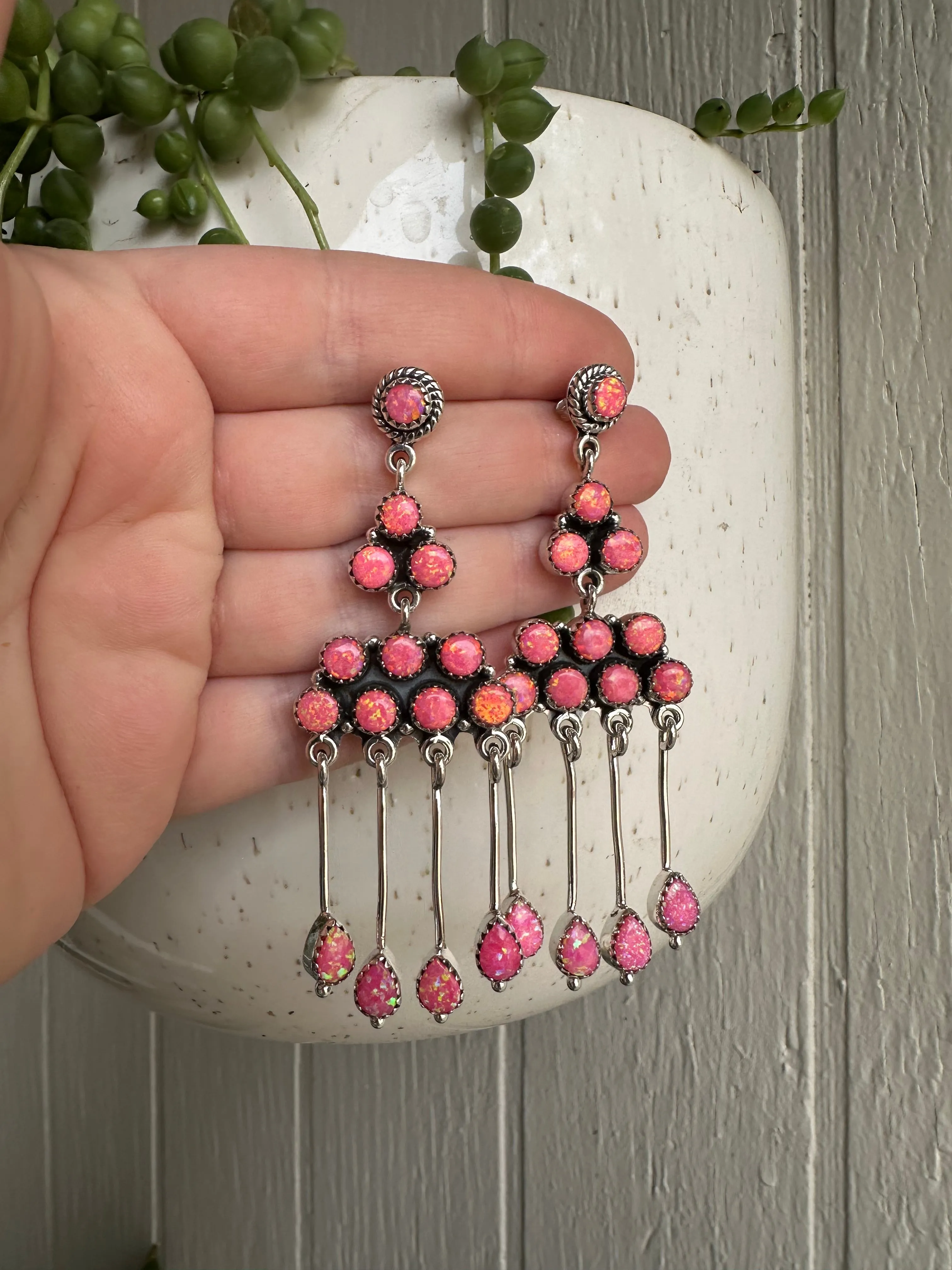 Handmade Sterling Silver Pink Fire Opal Dangle Earrings Signed Nizhoni