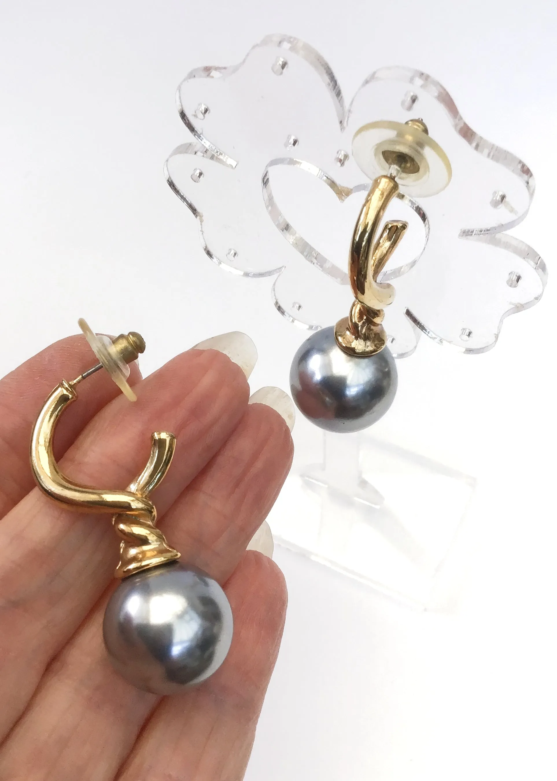 Huge Statement Vintage Faux Grey Pearl Stud Earrings