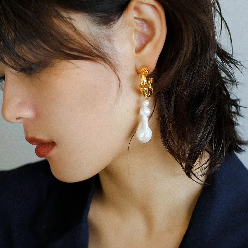 Irregular Geometric Baroque Pearl Long Earrings