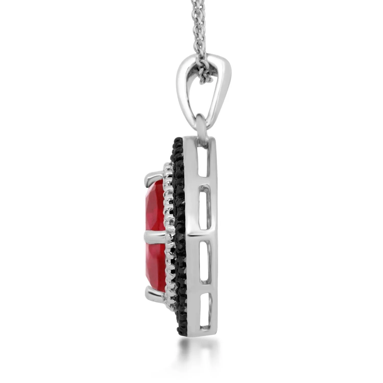 Jewelili Sterling Silver With Created Ruby and Treated Black Diamonds and White Diamonds Pendant Necklace