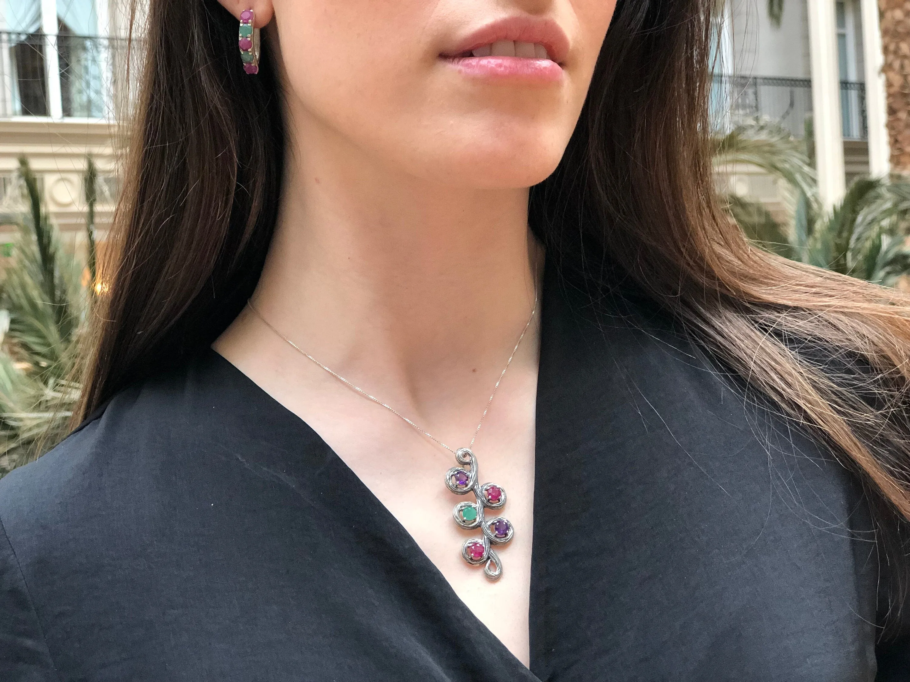 Large Leaf Pendant - Natural Ruby Necklace - Natural Emerald Pendant