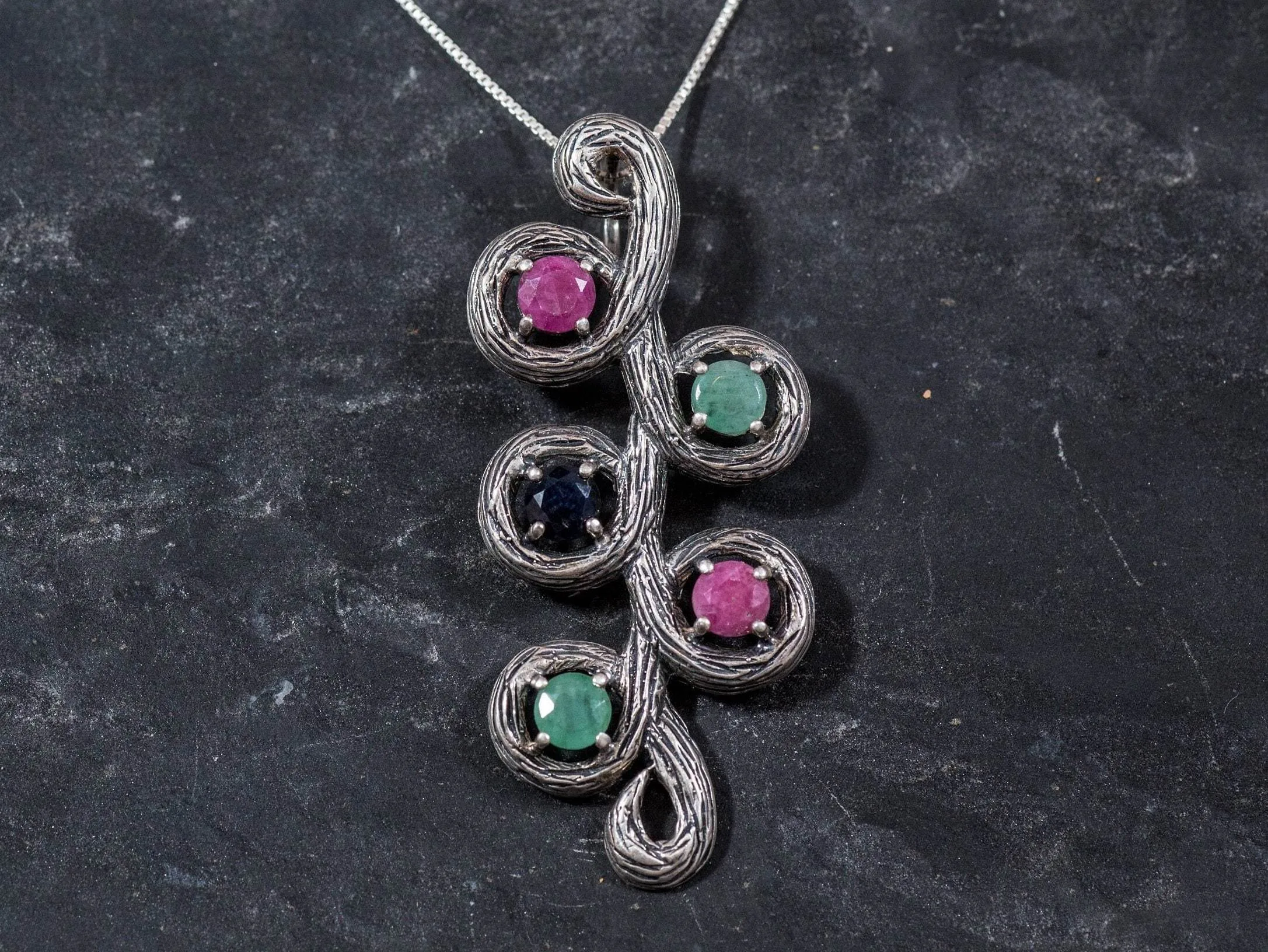 Large Leaf Pendant - Natural Ruby Necklace - Natural Emerald Pendant