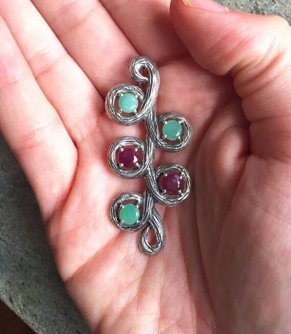 Large Leaf Pendant - Natural Ruby Necklace - Natural Emerald Pendant