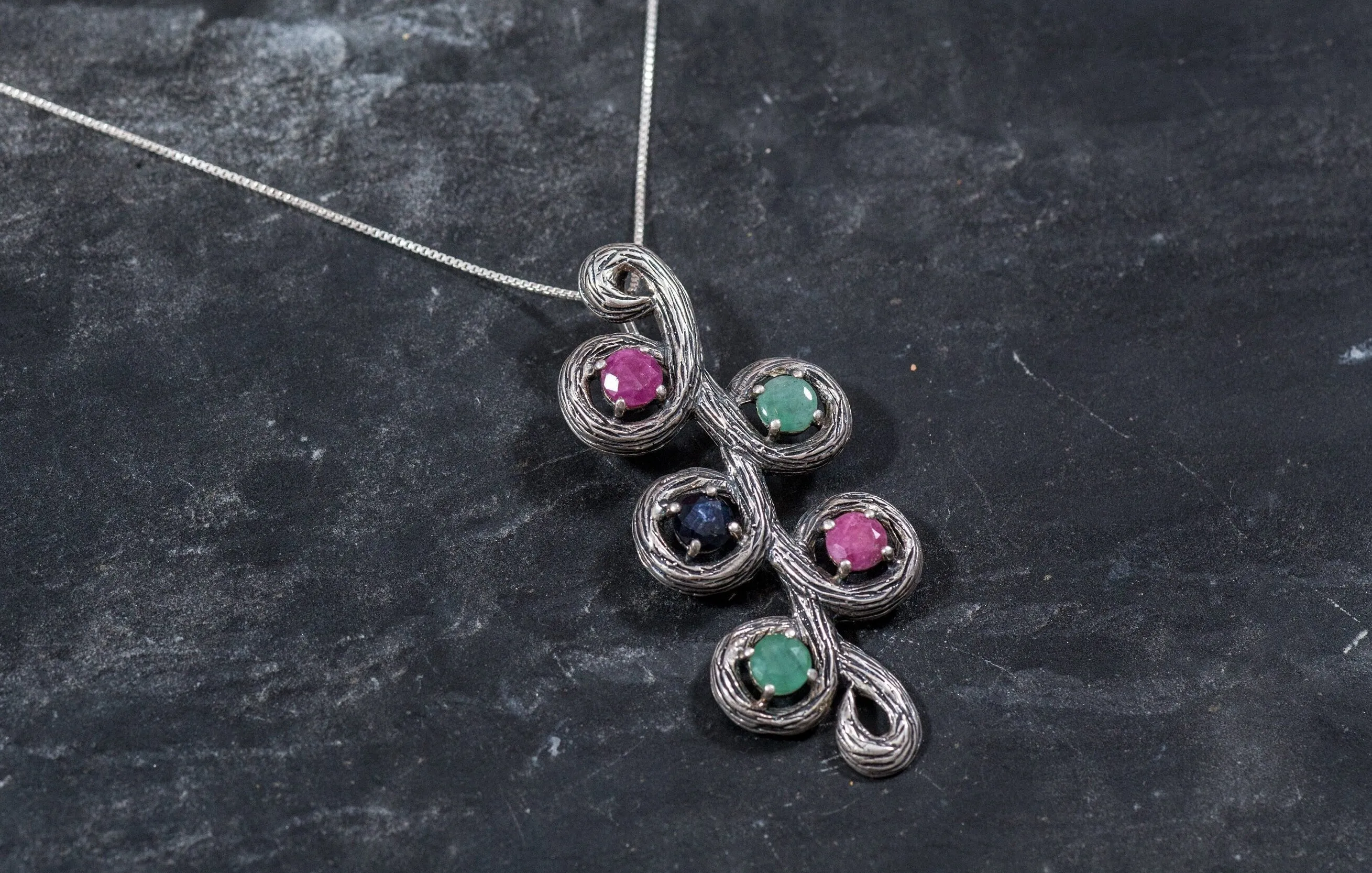 Large Leaf Pendant - Natural Ruby Necklace - Natural Emerald Pendant