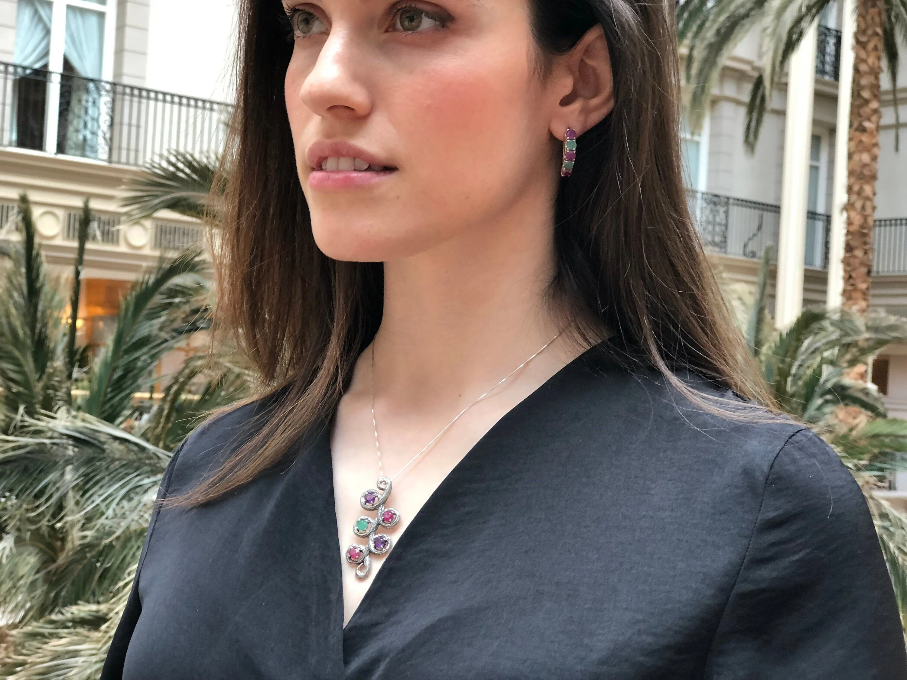 Large Leaf Pendant - Natural Ruby Necklace - Natural Emerald Pendant