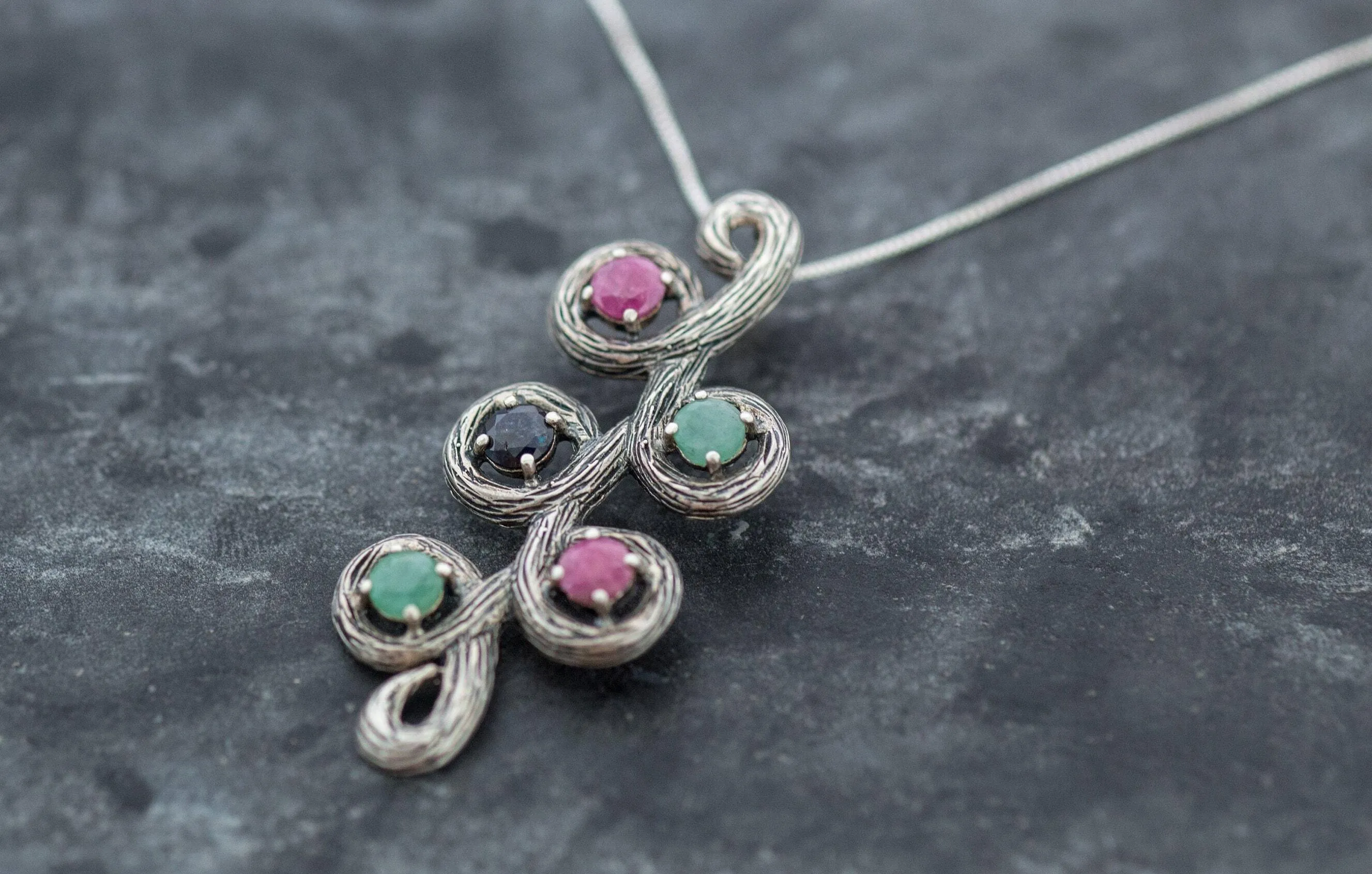 Large Leaf Pendant - Natural Ruby Necklace - Natural Emerald Pendant