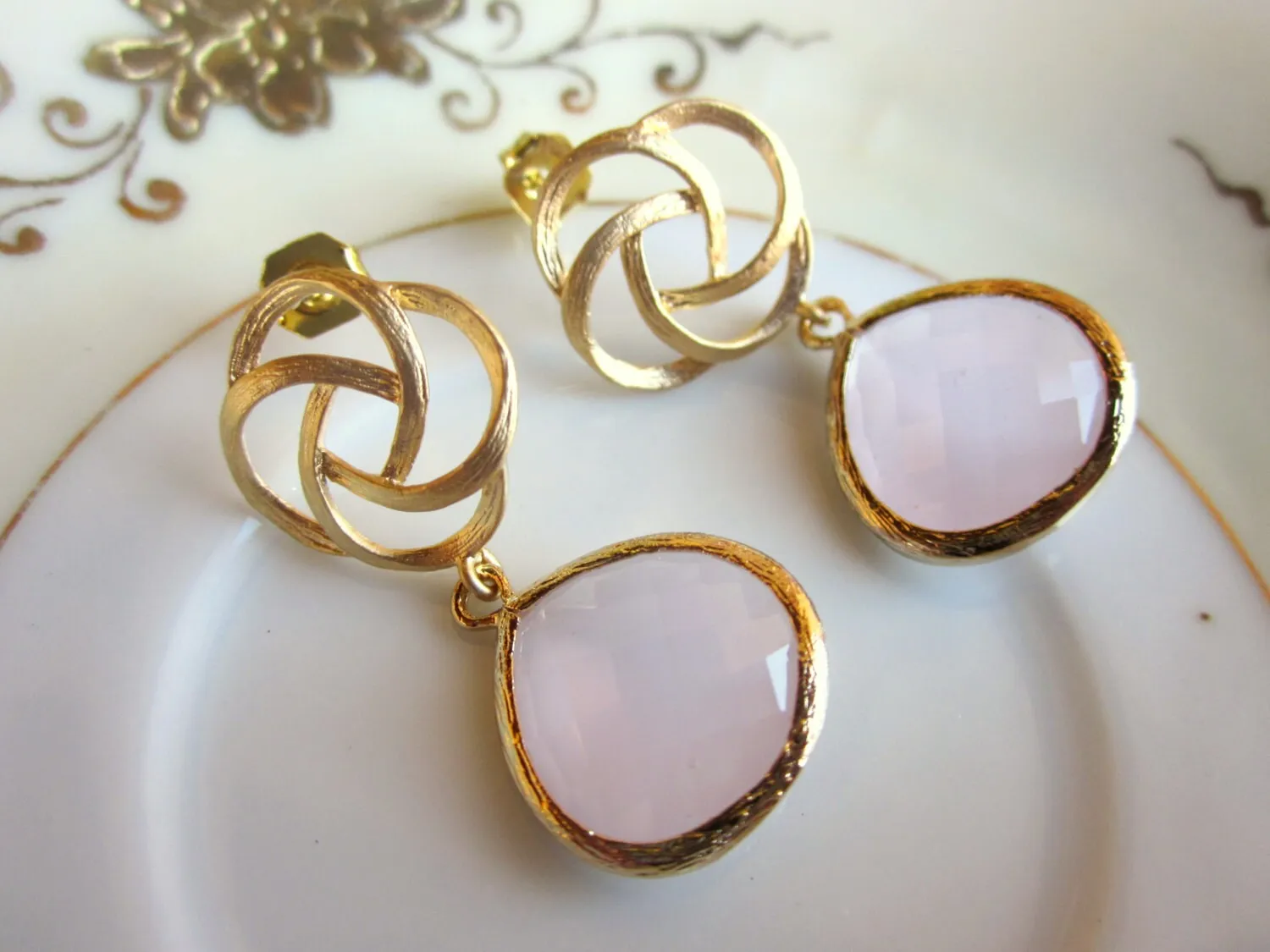 Large Pink Opal Earrings Gold Pinwheel Rose - Sterling Silver Post - Bridesmaid Earrings - Wedding Earrings - Wedding Jewelry