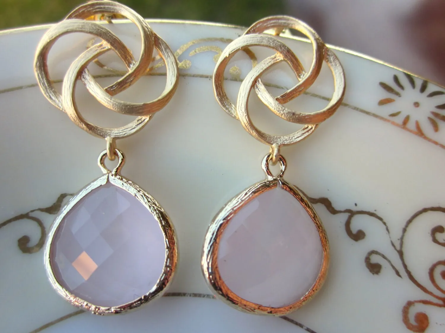 Large Pink Opal Earrings Gold Pinwheel Rose - Sterling Silver Post - Bridesmaid Earrings - Wedding Earrings - Wedding Jewelry