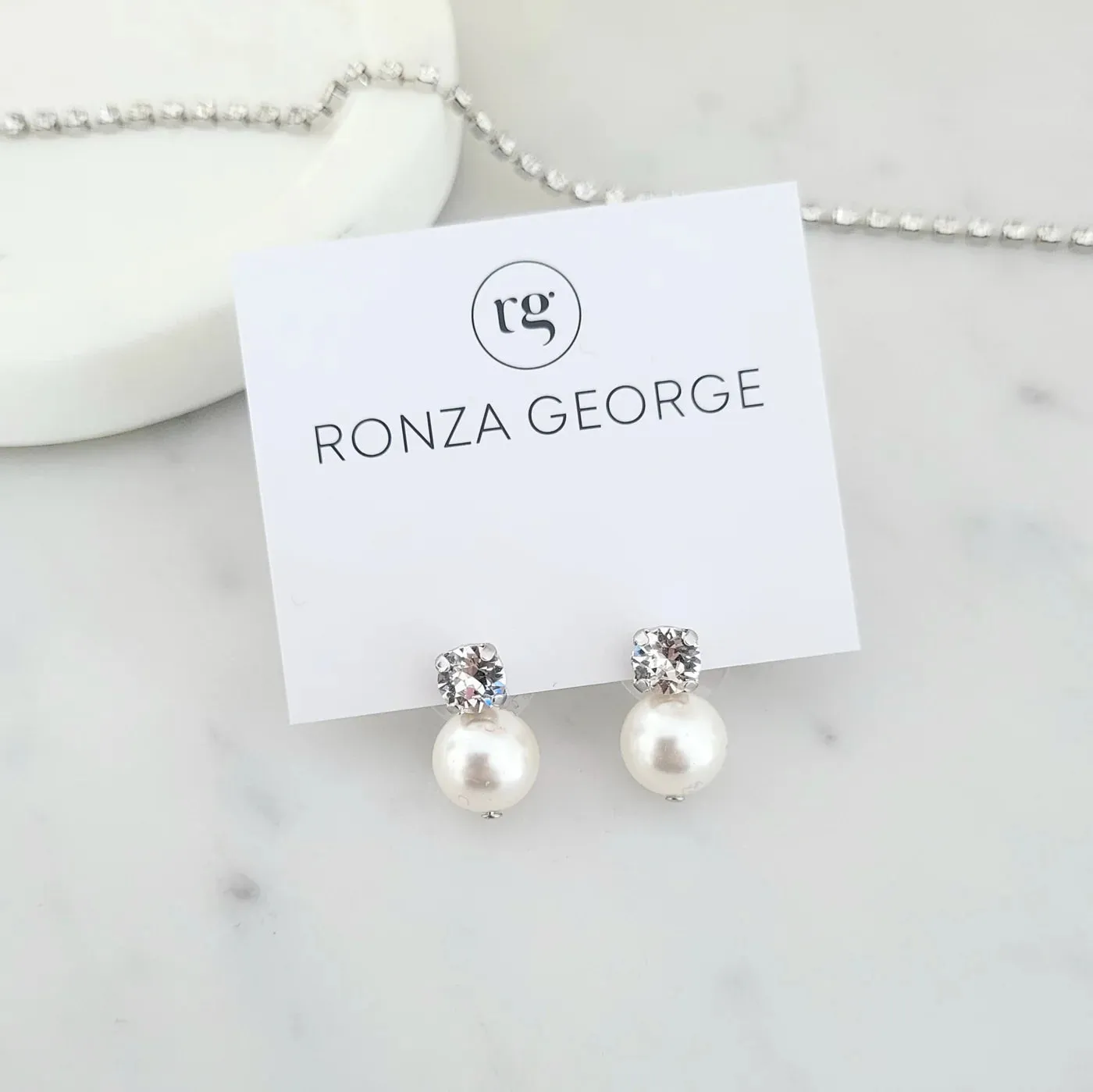 Leah Double Pearl - Swarovski Pearl Bridal Stud Earrings - Rhodium Plated