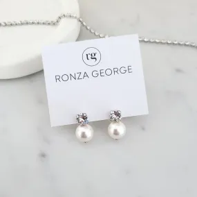 Leah Petite - Swarovski Crystal and Pearl Bridal Stud Earrings 10mm - Rhodium Plated