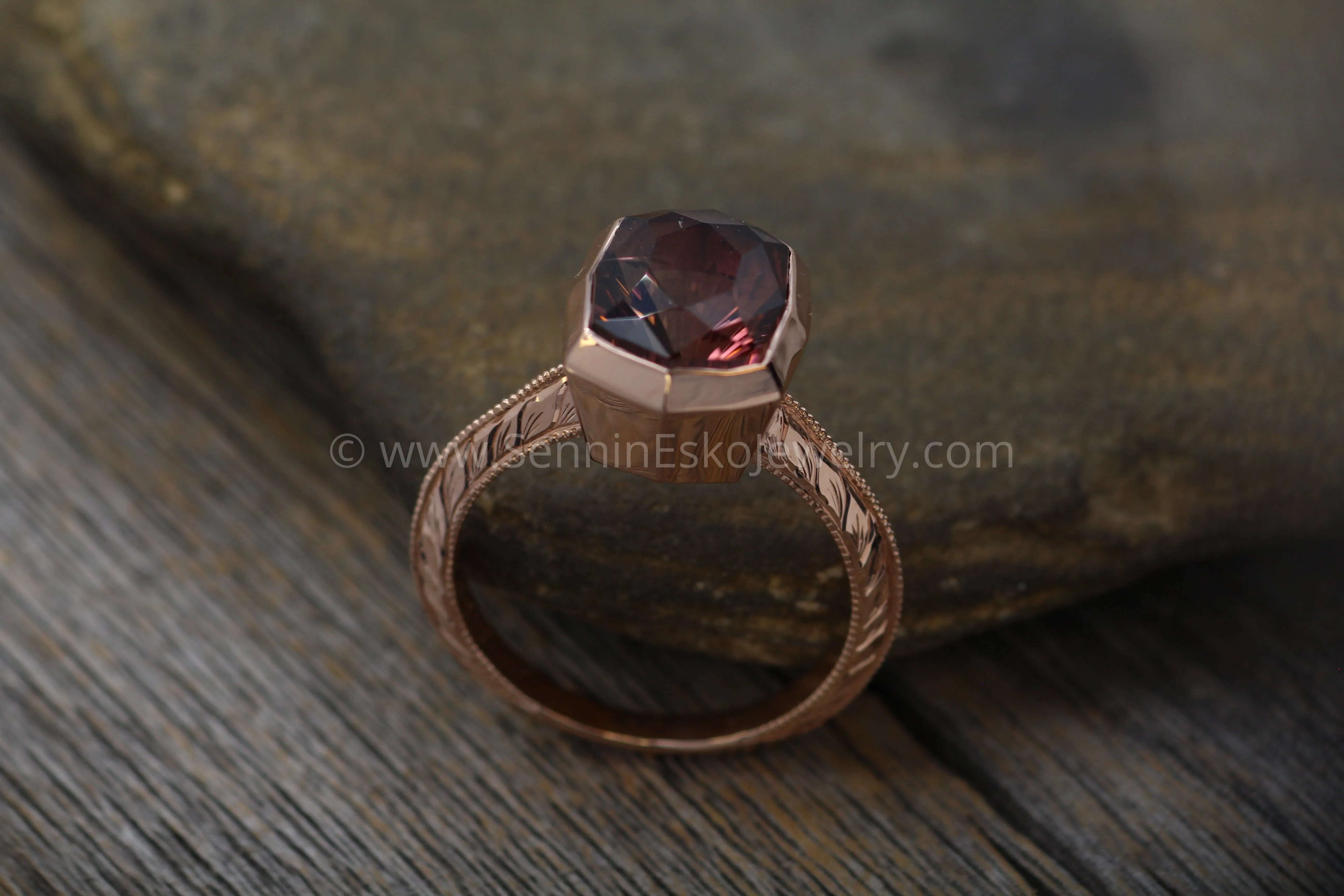Medium/Heavy Weight Engraved Solitaire Bezel Ring Setting - Malkhan Tourmaline Depicted (Setting Only, Center Stone Sold Separately)
