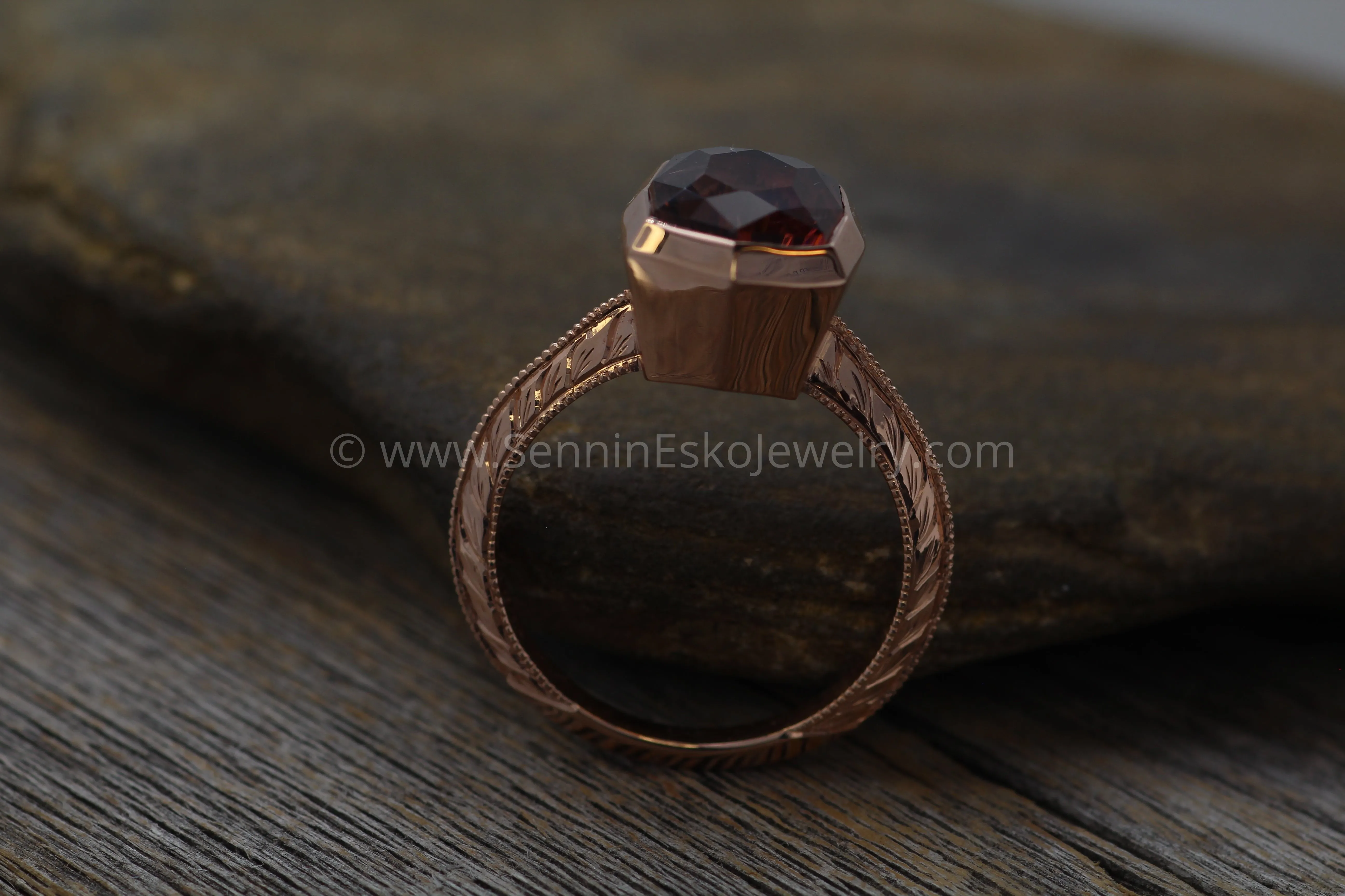 Medium/Heavy Weight Engraved Solitaire Bezel Ring Setting - Malkhan Tourmaline Depicted (Setting Only, Center Stone Sold Separately)