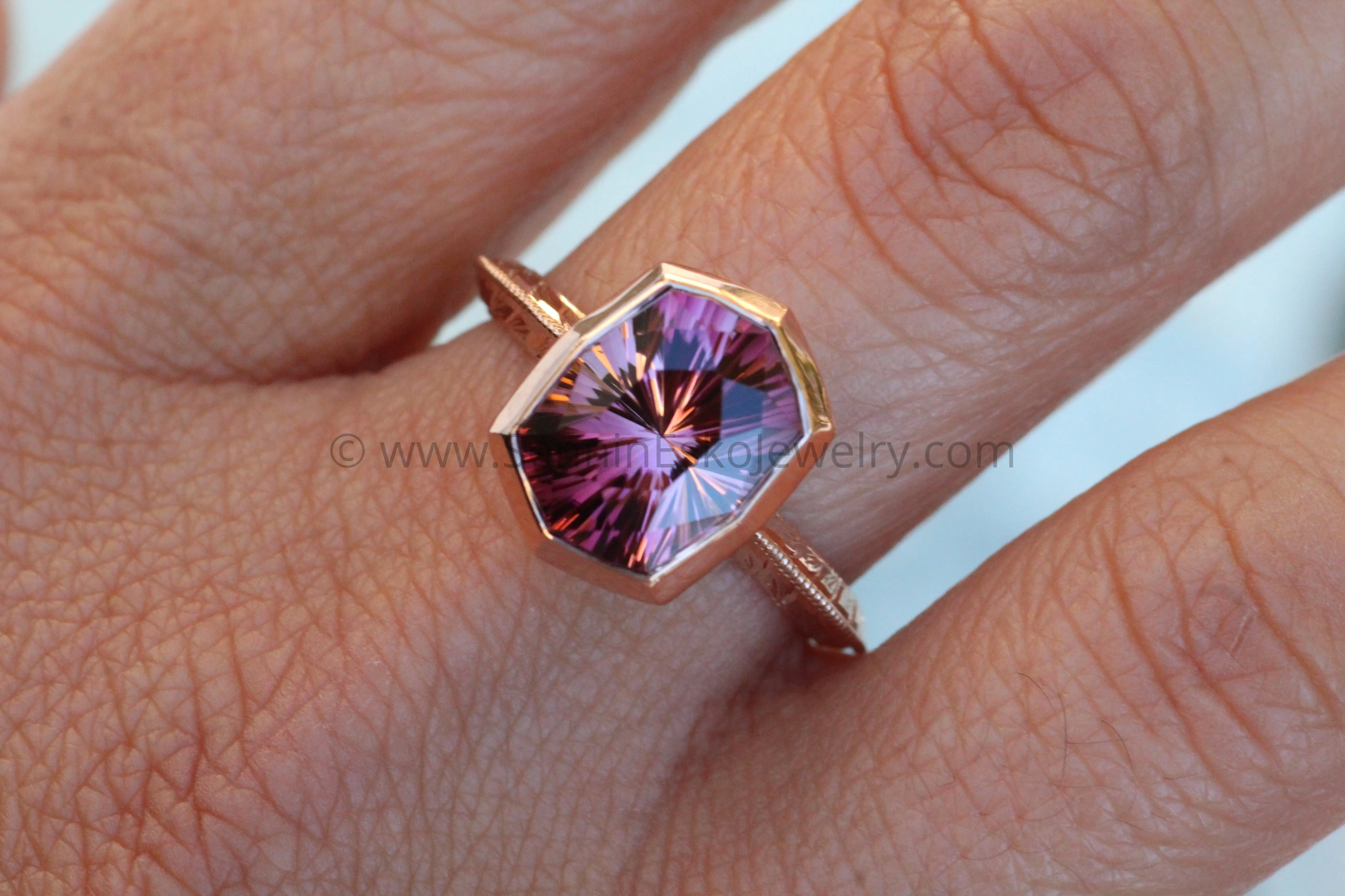 Medium/Heavy Weight Engraved Solitaire Bezel Ring Setting - Malkhan Tourmaline Depicted (Setting Only, Center Stone Sold Separately)