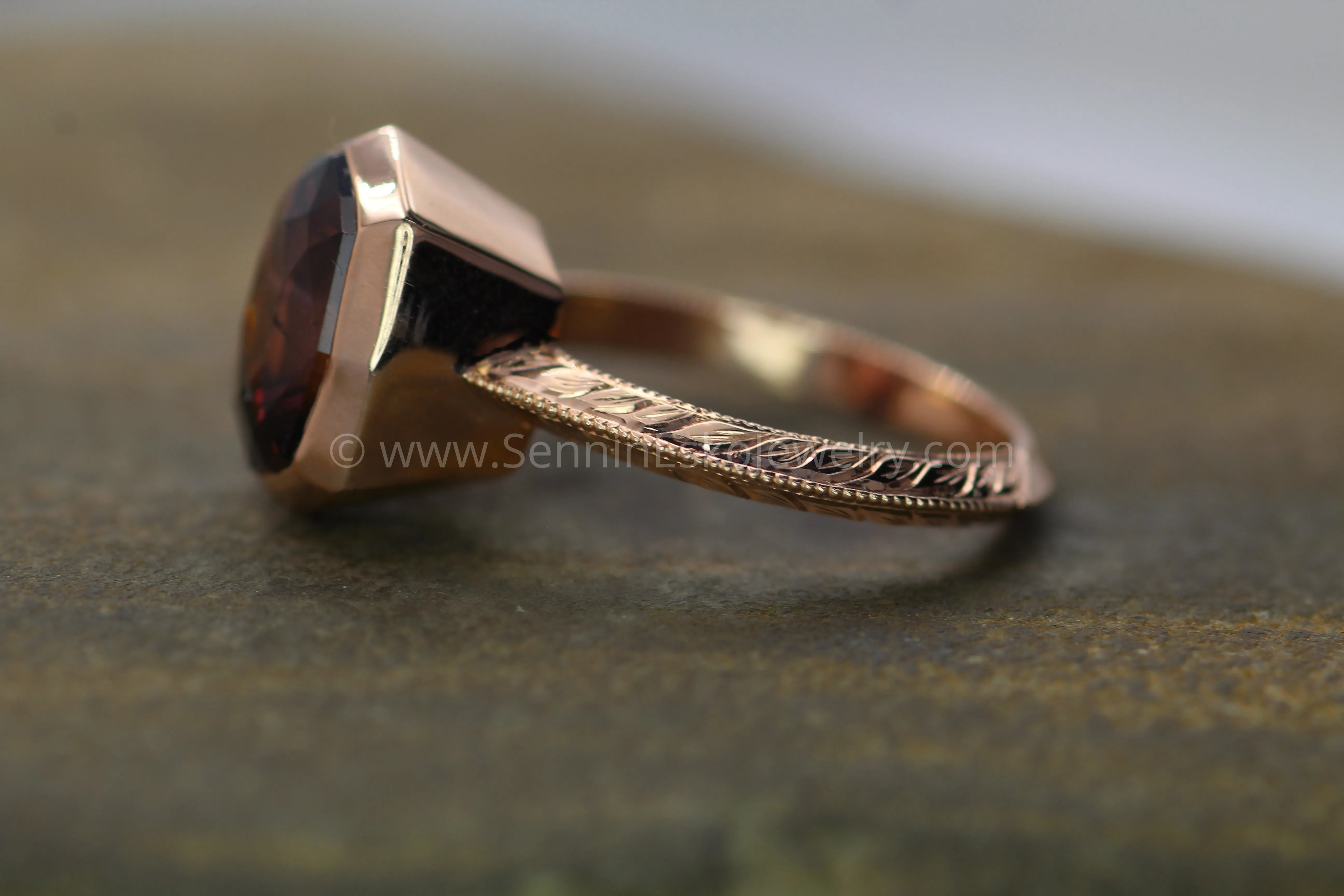 Medium/Heavy Weight Engraved Solitaire Bezel Ring Setting - Malkhan Tourmaline Depicted (Setting Only, Center Stone Sold Separately)