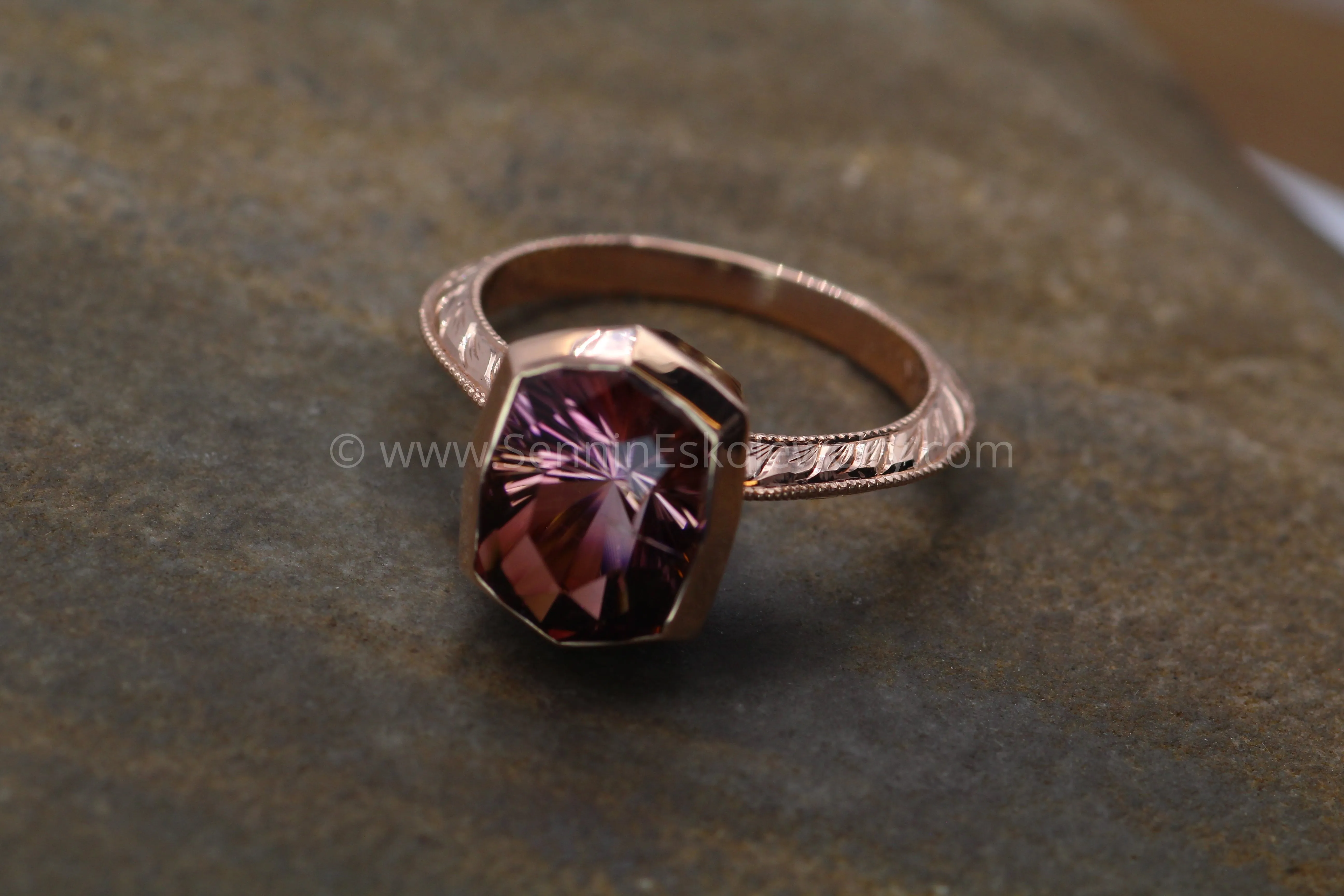 Medium/Heavy Weight Engraved Solitaire Bezel Ring Setting - Malkhan Tourmaline Depicted (Setting Only, Center Stone Sold Separately)