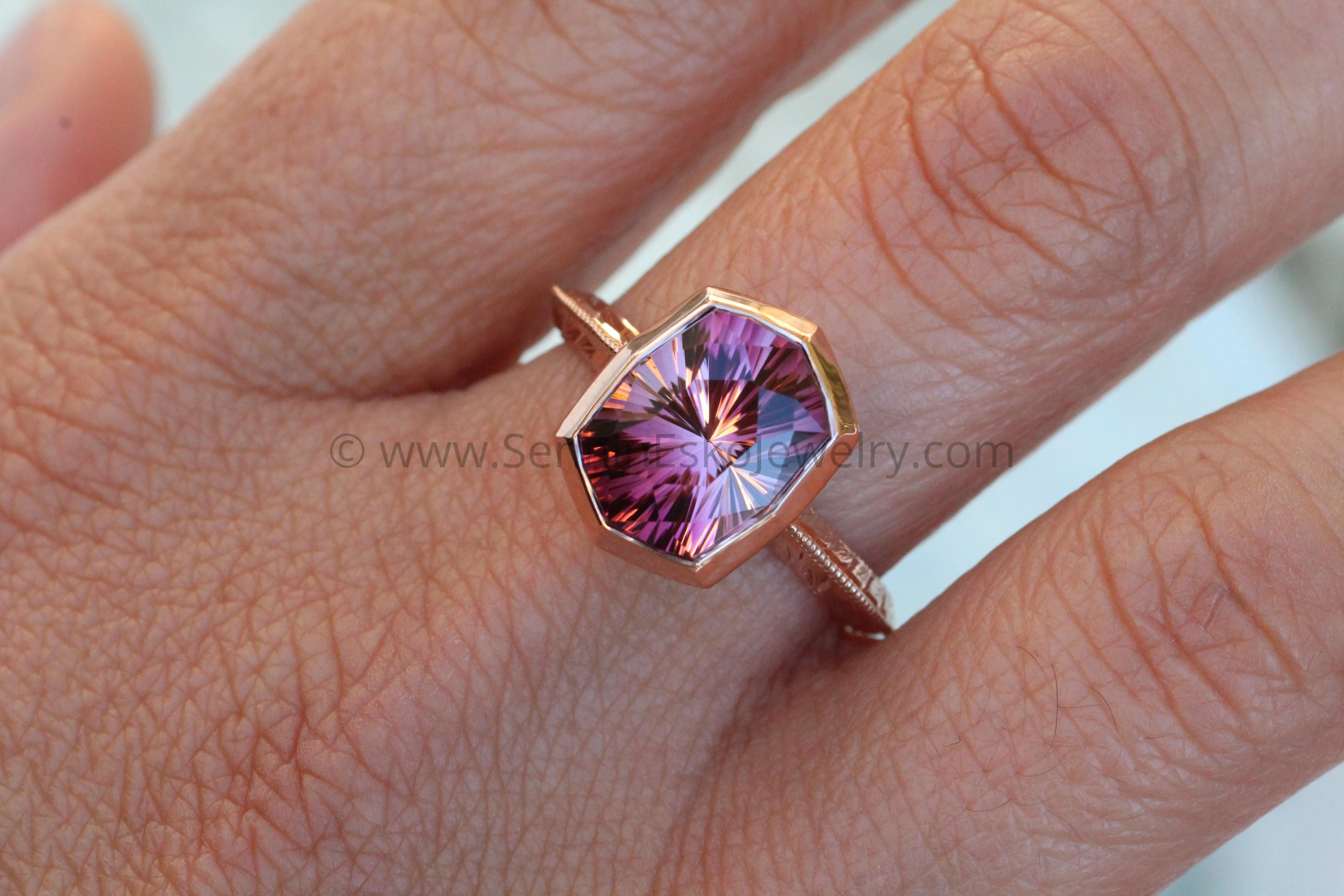 Medium/Heavy Weight Engraved Solitaire Bezel Ring Setting - Malkhan Tourmaline Depicted (Setting Only, Center Stone Sold Separately)