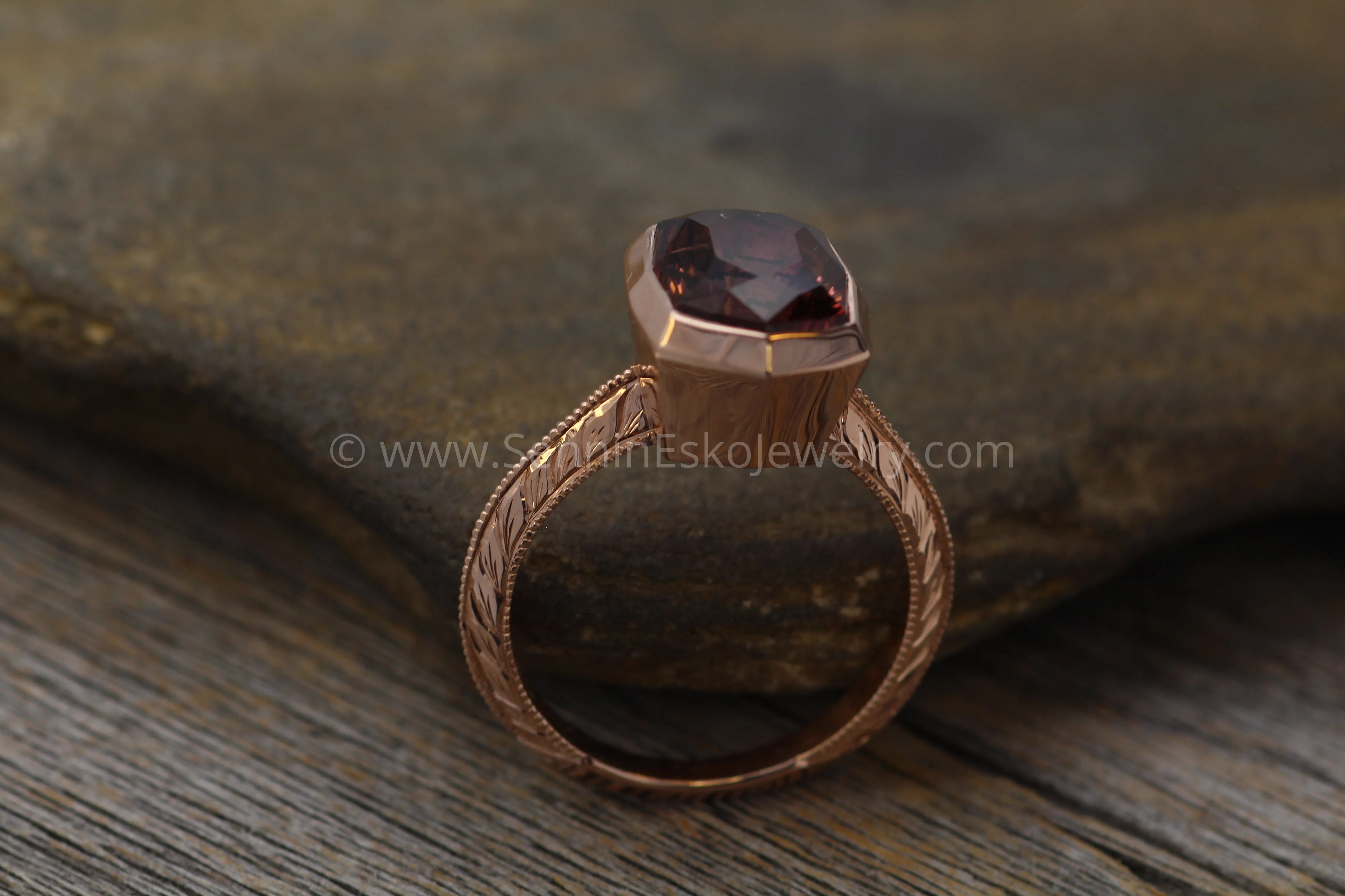 Medium/Heavy Weight Engraved Solitaire Bezel Ring Setting - Malkhan Tourmaline Depicted (Setting Only, Center Stone Sold Separately)