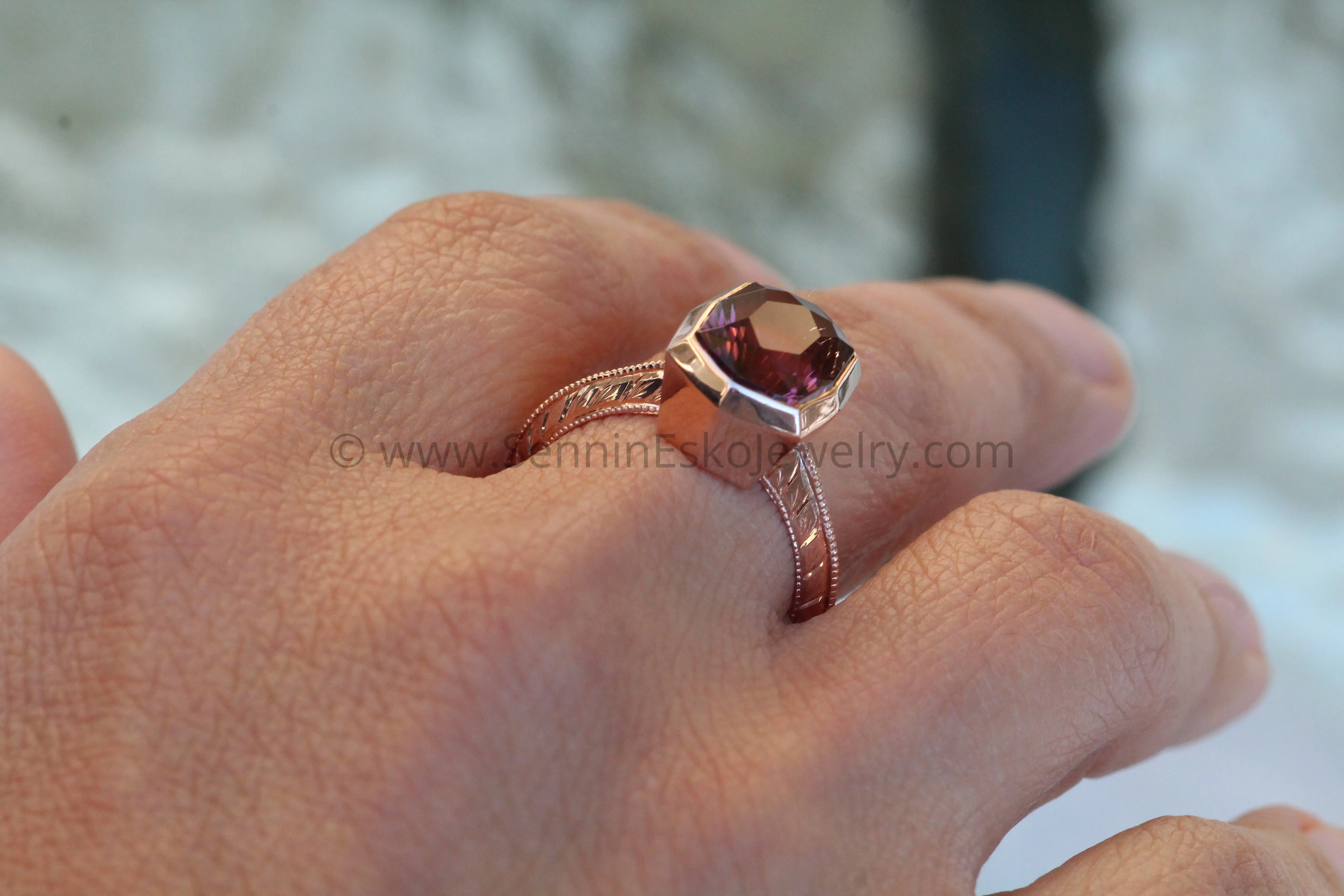 Medium/Heavy Weight Engraved Solitaire Bezel Ring Setting - Malkhan Tourmaline Depicted (Setting Only, Center Stone Sold Separately)