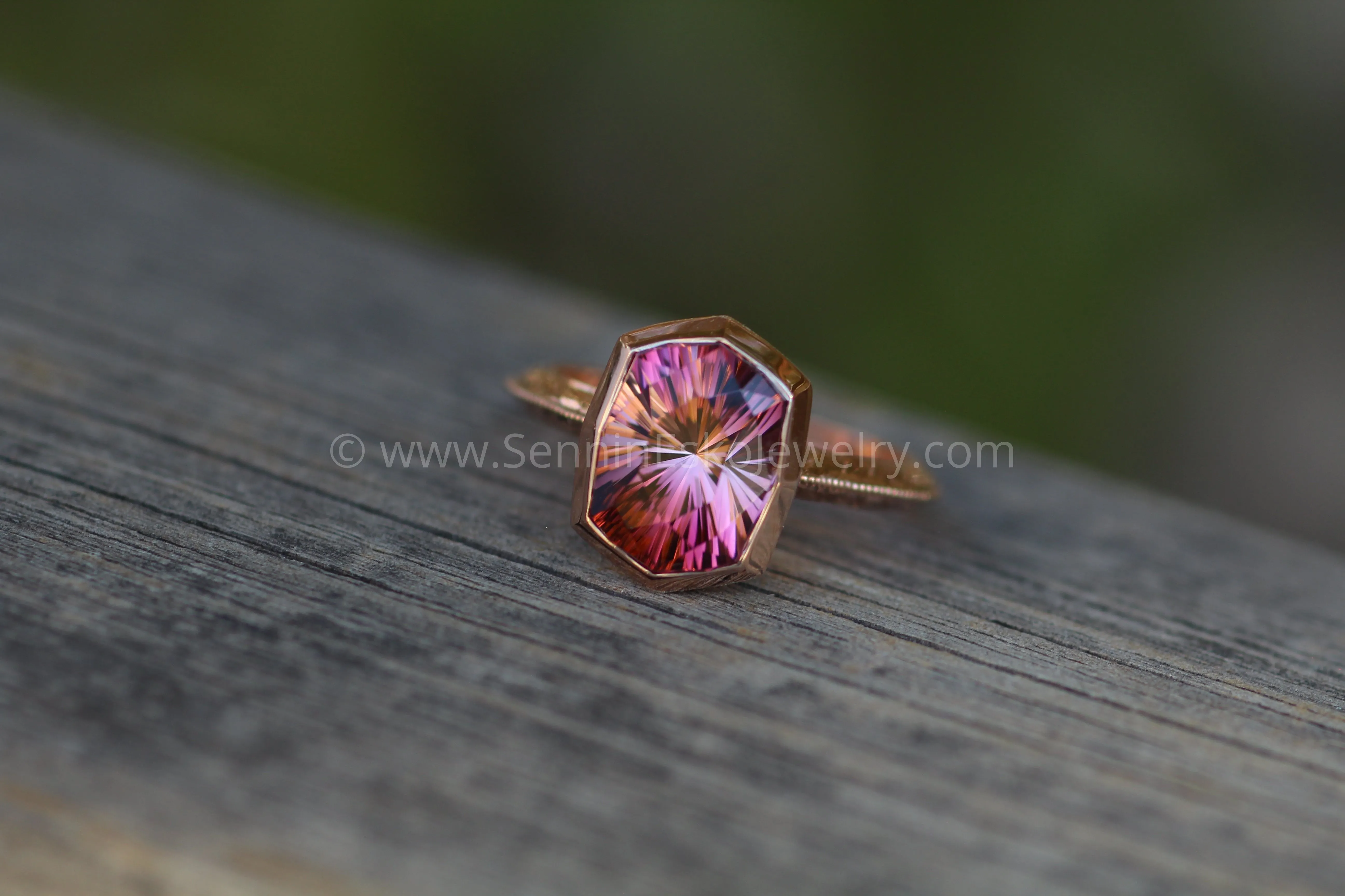Medium/Heavy Weight Engraved Solitaire Bezel Ring Setting - Malkhan Tourmaline Depicted (Setting Only, Center Stone Sold Separately)