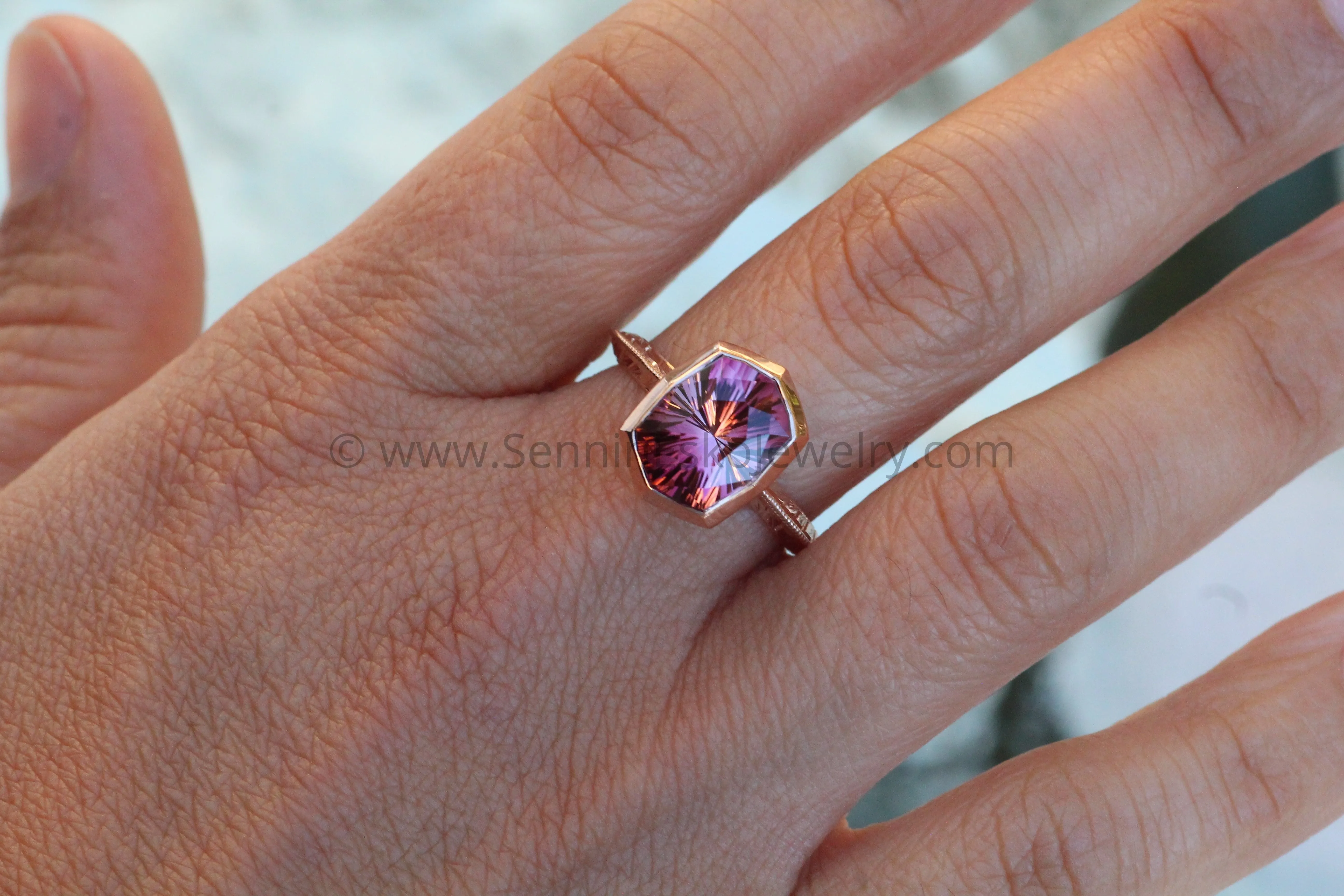 Medium/Heavy Weight Engraved Solitaire Bezel Ring Setting - Malkhan Tourmaline Depicted (Setting Only, Center Stone Sold Separately)