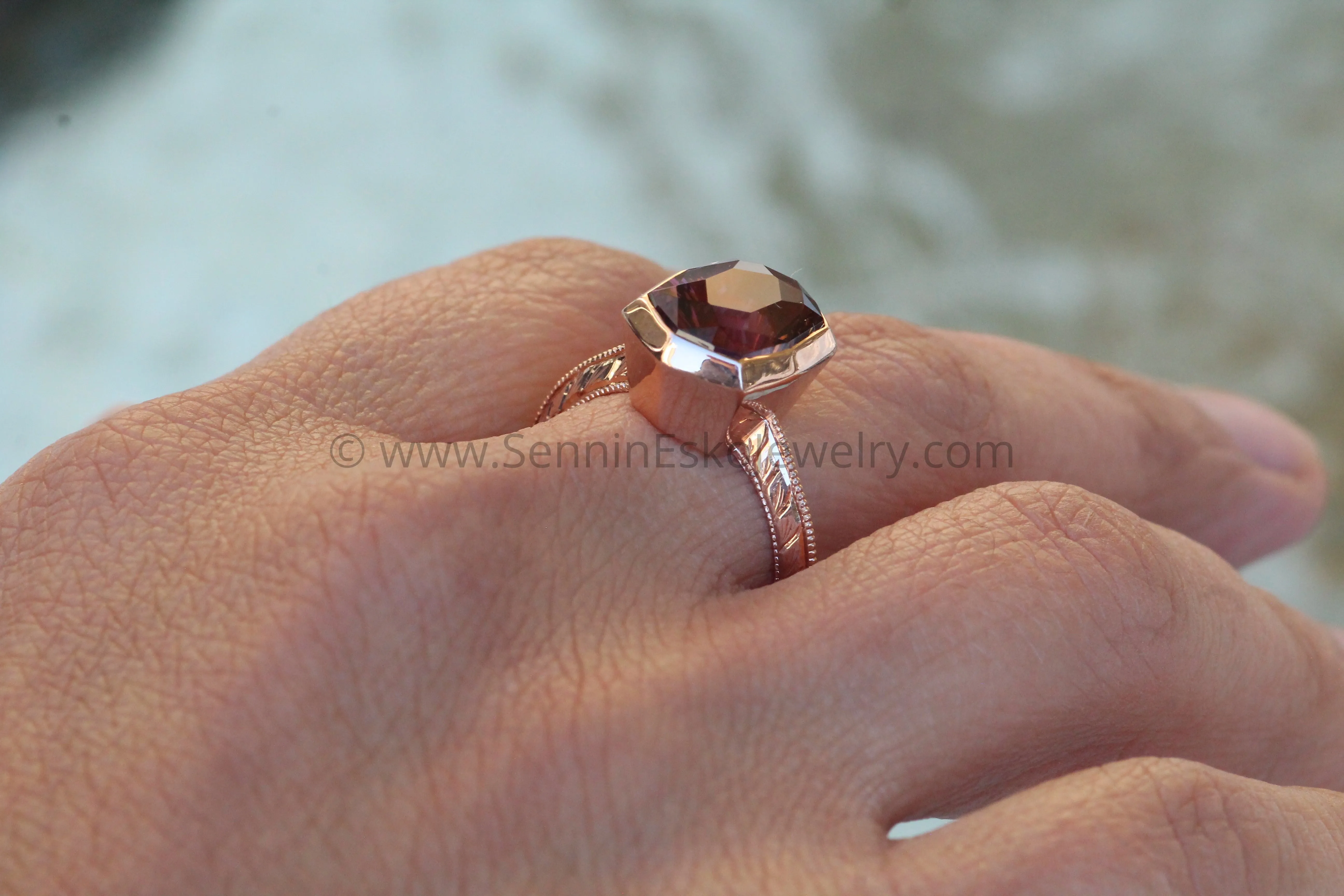 Medium/Heavy Weight Engraved Solitaire Bezel Ring Setting - Malkhan Tourmaline Depicted (Setting Only, Center Stone Sold Separately)