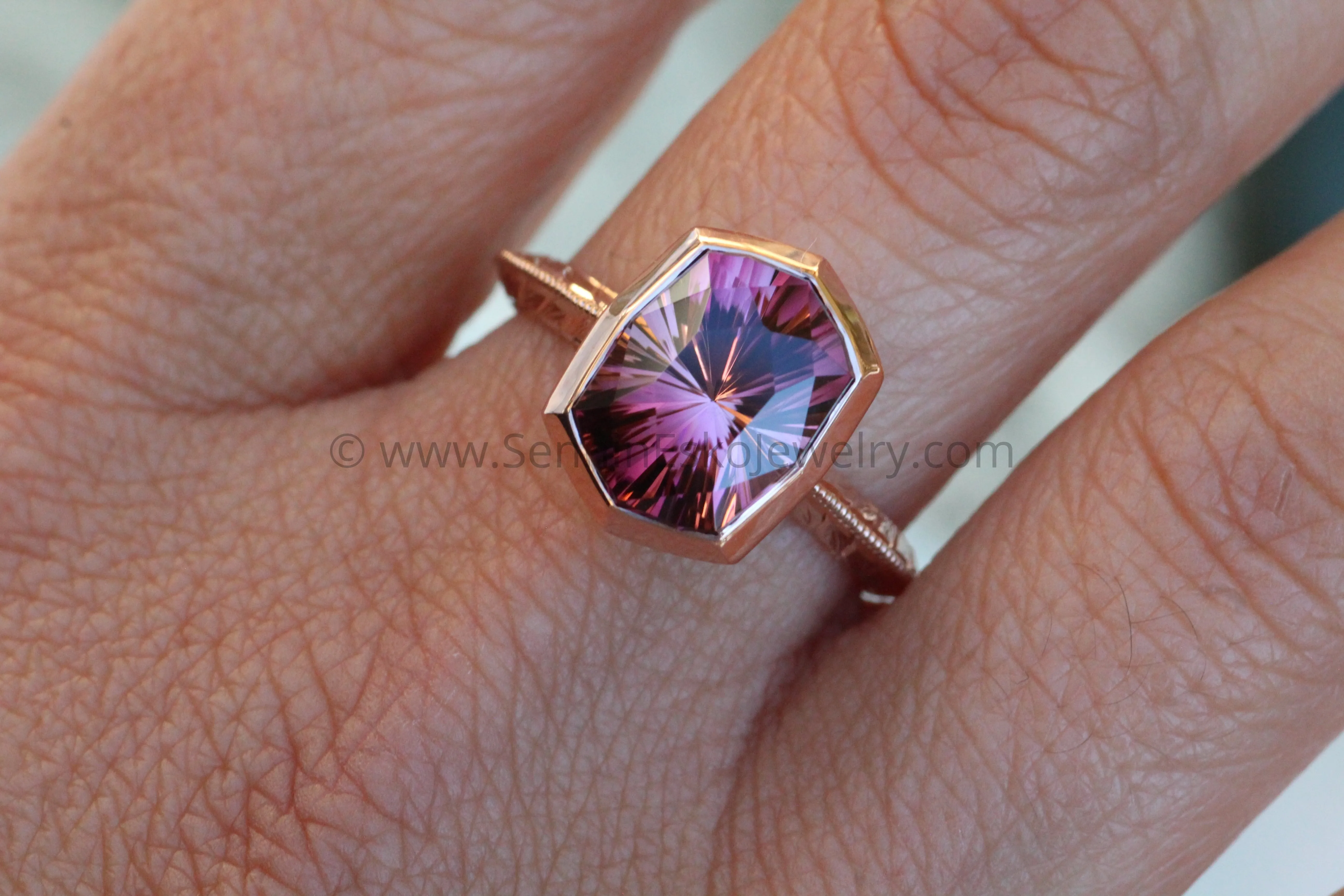 Medium/Heavy Weight Engraved Solitaire Bezel Ring Setting - Malkhan Tourmaline Depicted (Setting Only, Center Stone Sold Separately)