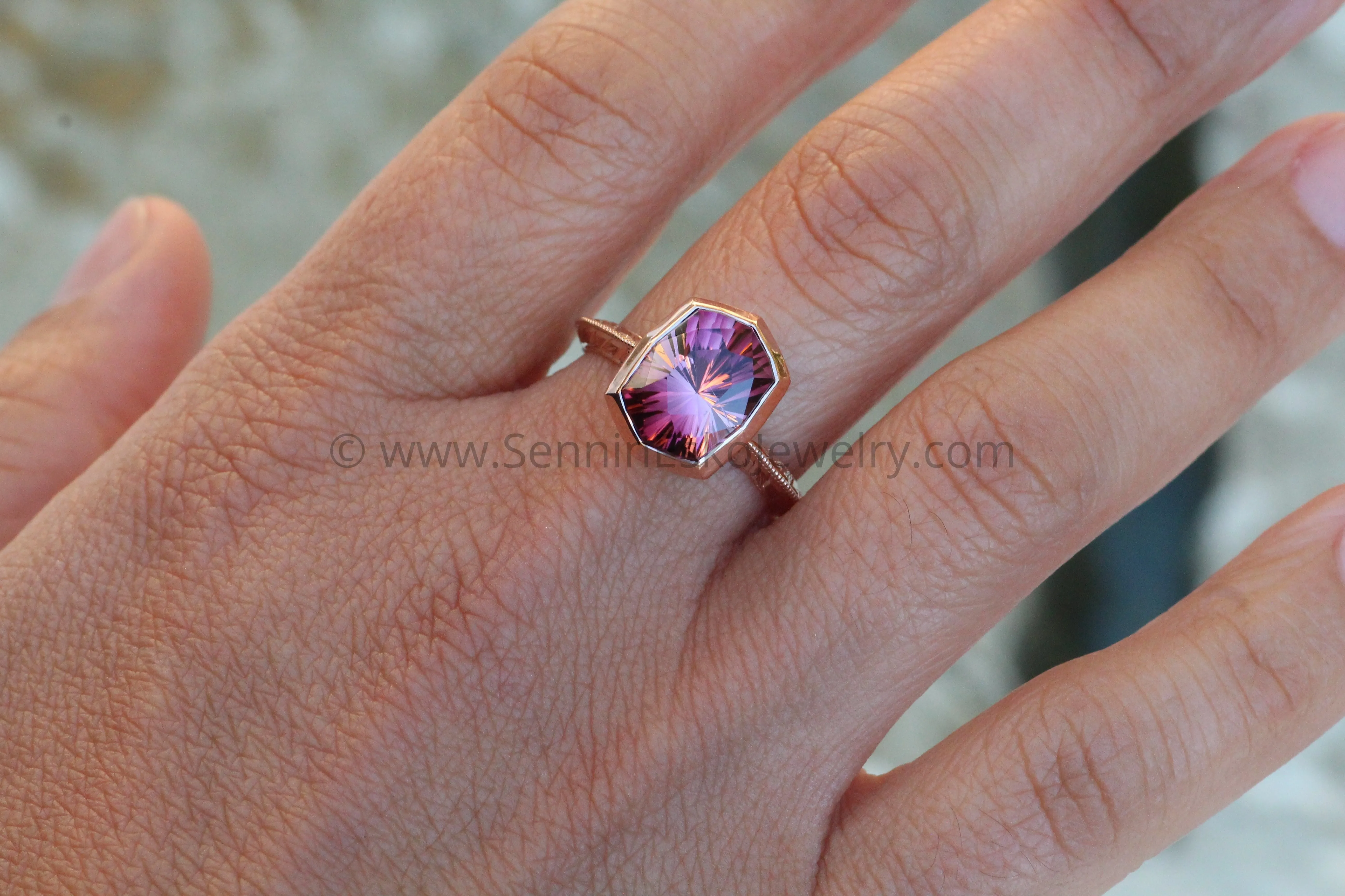 Medium/Heavy Weight Engraved Solitaire Bezel Ring Setting - Malkhan Tourmaline Depicted (Setting Only, Center Stone Sold Separately)