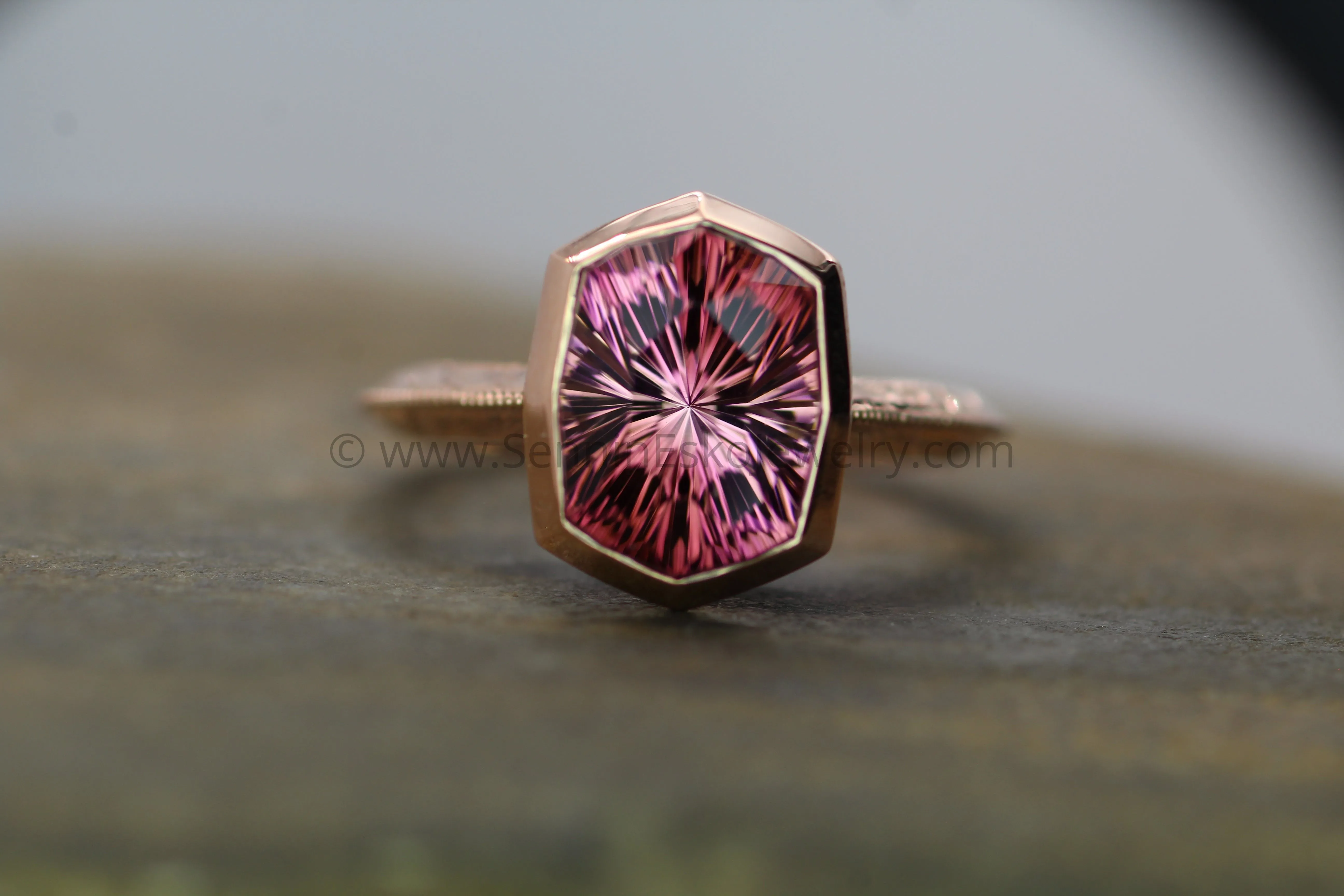 Medium/Heavy Weight Engraved Solitaire Bezel Ring Setting - Malkhan Tourmaline Depicted (Setting Only, Center Stone Sold Separately)