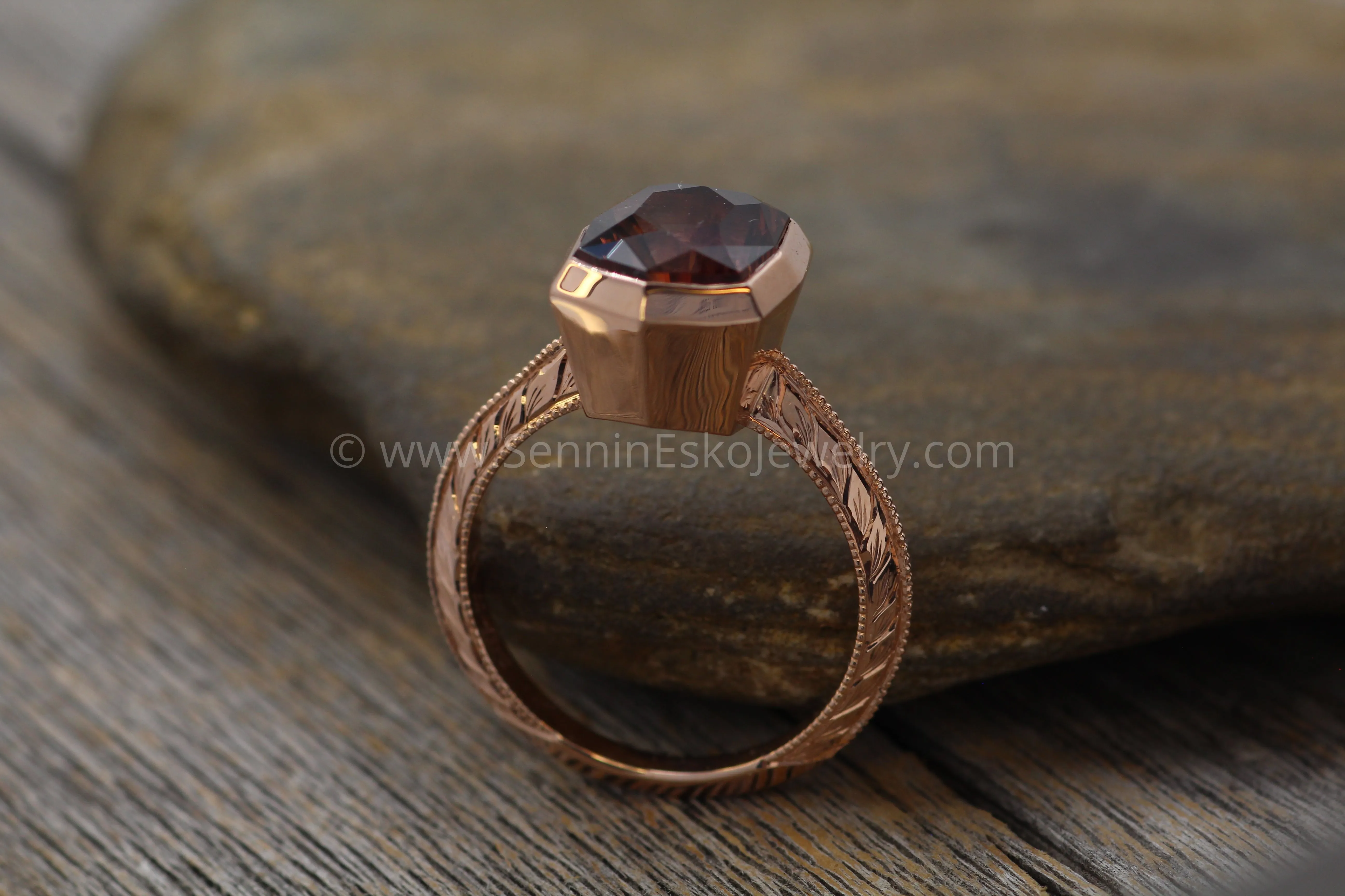 Medium/Heavy Weight Engraved Solitaire Bezel Ring Setting - Malkhan Tourmaline Depicted (Setting Only, Center Stone Sold Separately)