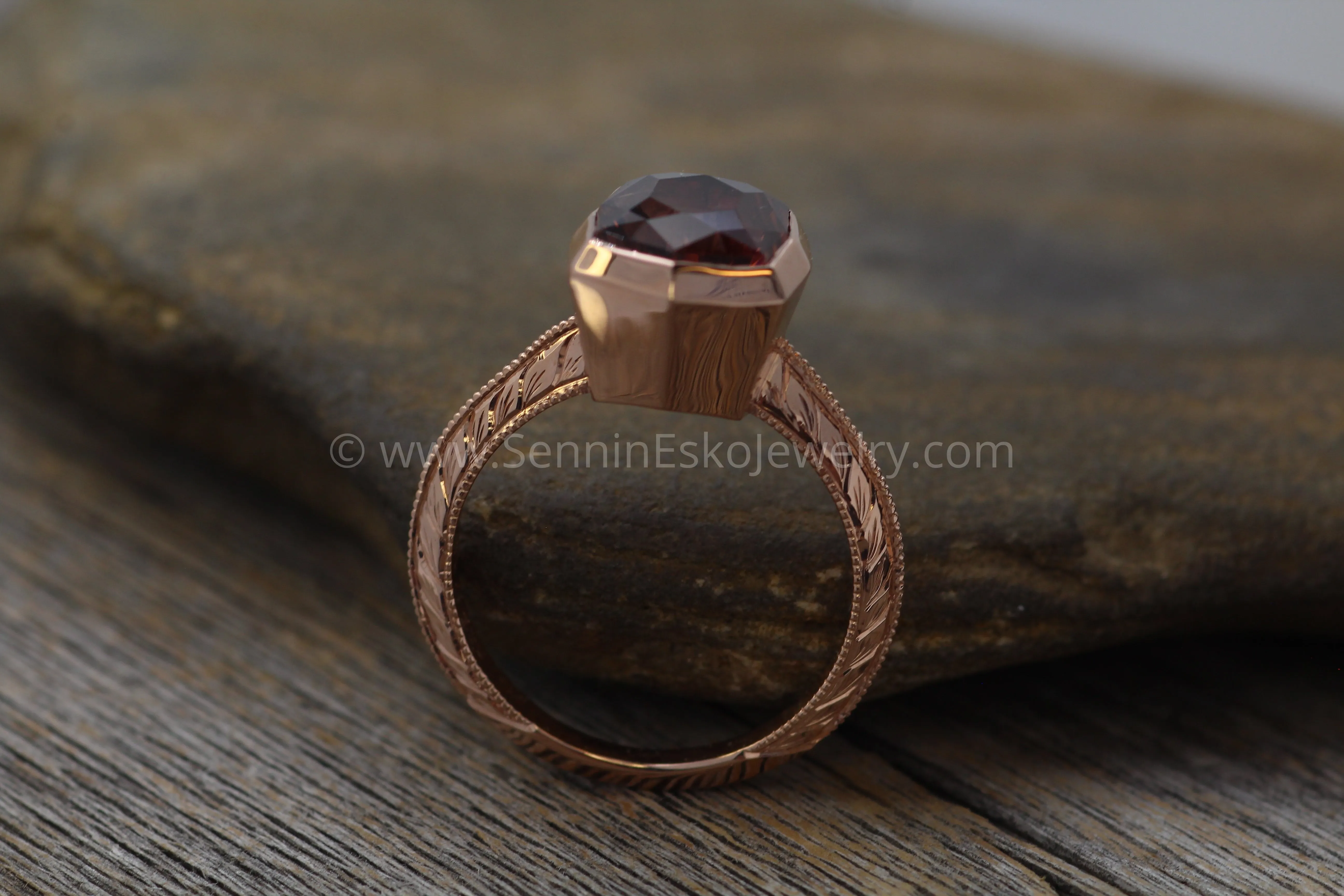Medium/Heavy Weight Engraved Solitaire Bezel Ring Setting - Malkhan Tourmaline Depicted (Setting Only, Center Stone Sold Separately)