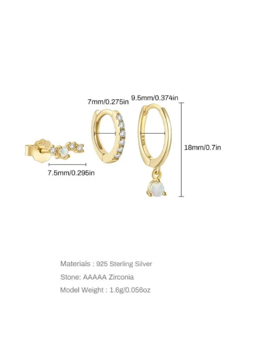 Opal Hoop and Stud Earrings Set, .925 Sterling Silver, 18K Gold Plated Luxury Huggie Three (3) Earrings Set