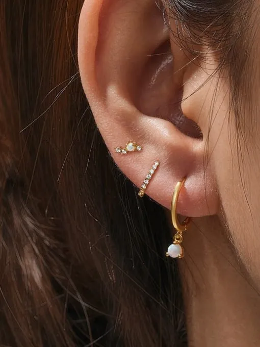 Opal Hoop and Stud Earrings Set, .925 Sterling Silver, 18K Gold Plated Luxury Huggie Three (3) Earrings Set