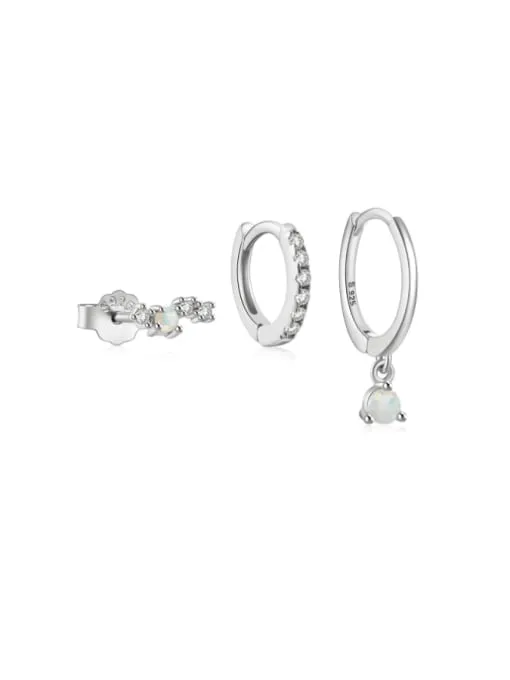 Opal Hoop and Stud Earrings Set, .925 Sterling Silver, 18K Gold Plated Luxury Huggie Three (3) Earrings Set