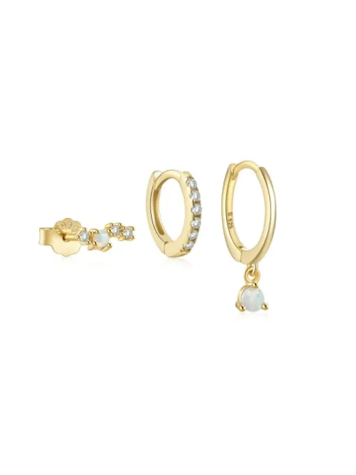 Opal Hoop and Stud Earrings Set, .925 Sterling Silver, 18K Gold Plated Luxury Huggie Three (3) Earrings Set