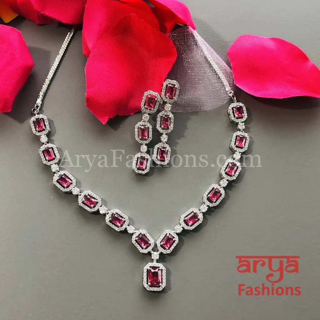 Pink CZ Necklace/ Mint Green Silver CZ Necklace