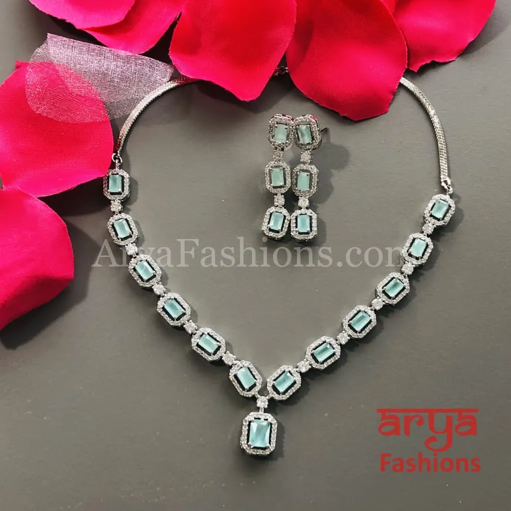 Pink CZ Necklace/ Mint Green Silver CZ Necklace