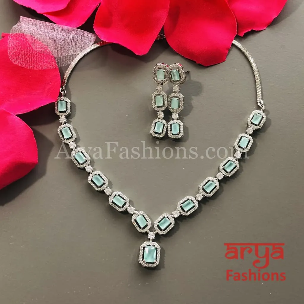 Pink CZ Necklace/ Mint Green Silver CZ Necklace
