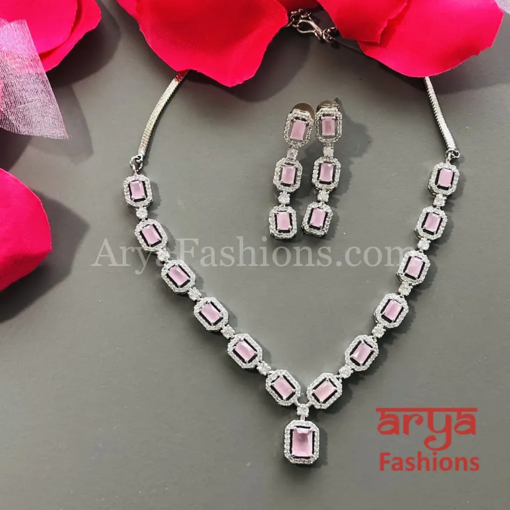 Pink CZ Necklace/ Mint Green Silver CZ Necklace