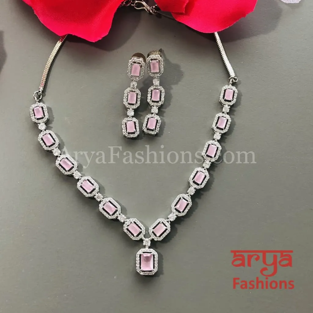 Pink CZ Necklace/ Mint Green Silver CZ Necklace