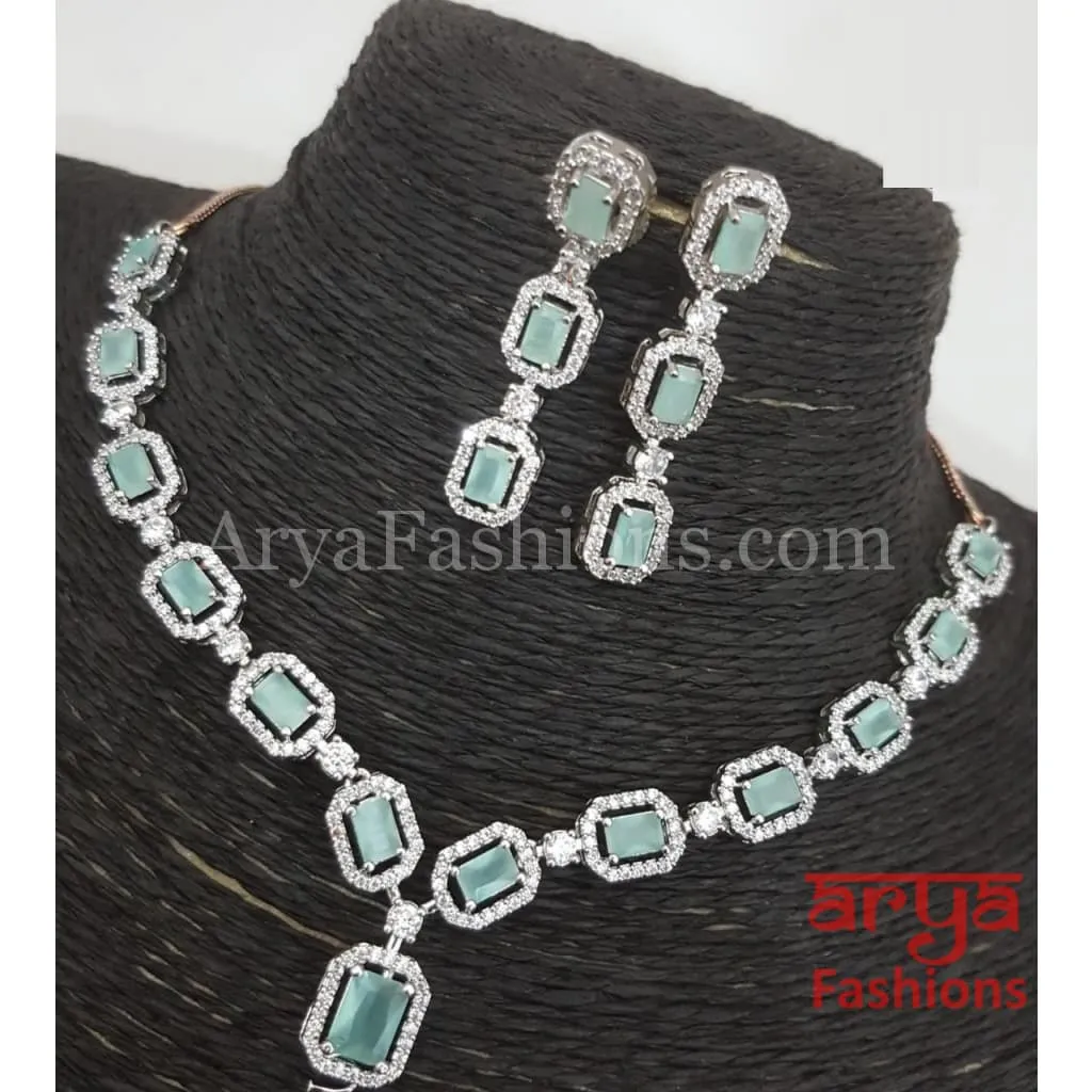 Pink CZ Necklace/ Mint Green Silver CZ Necklace
