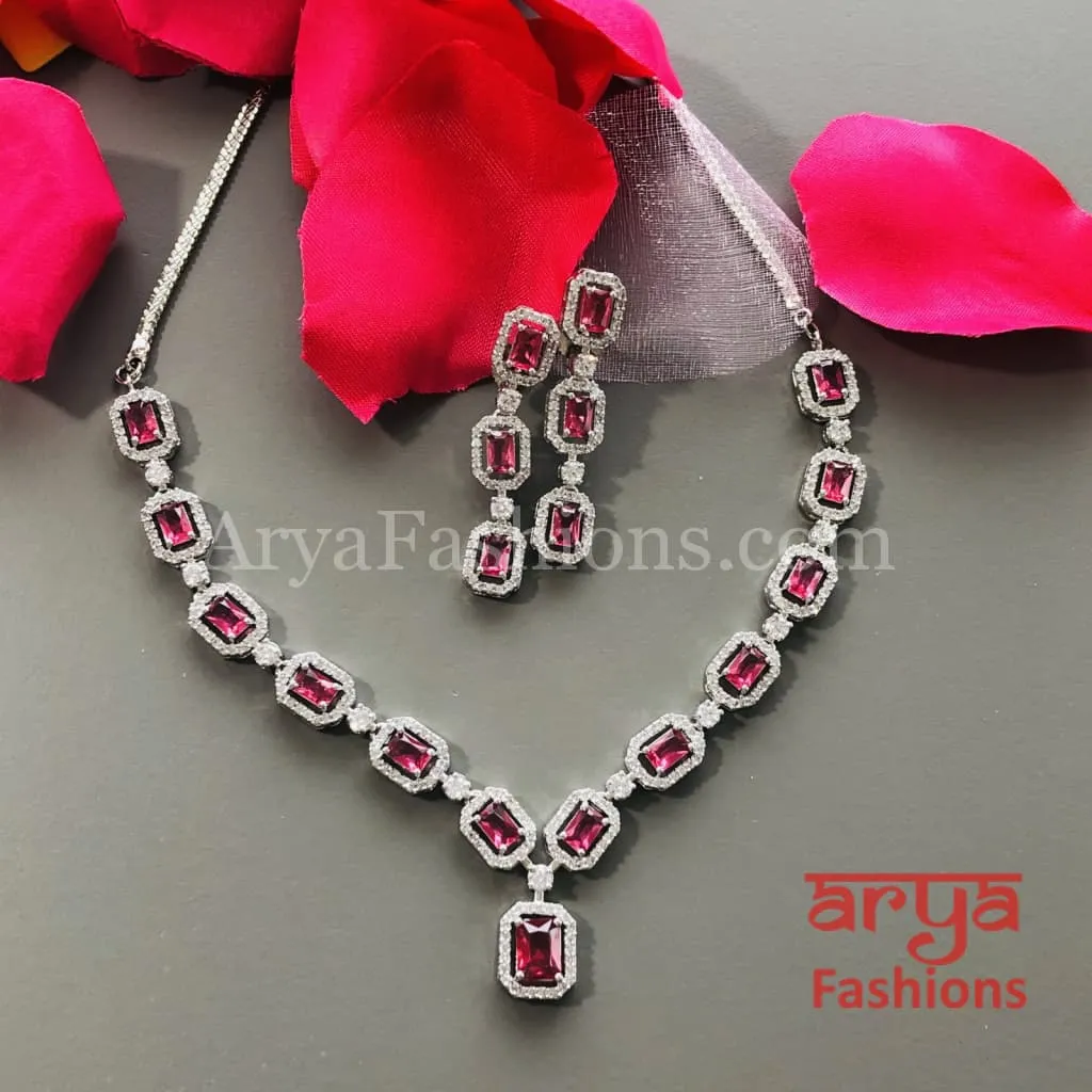 Pink CZ Necklace/ Mint Green Silver CZ Necklace