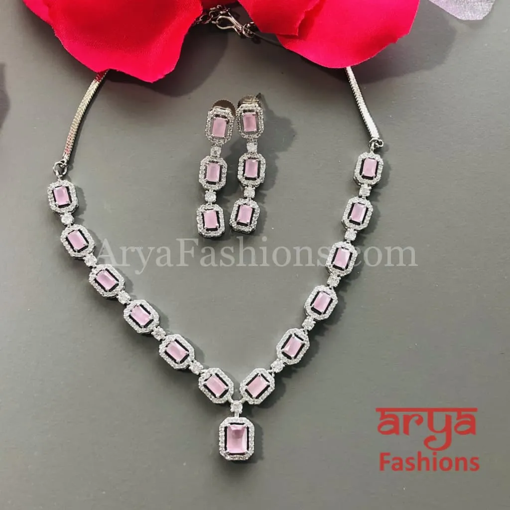 Pink CZ Necklace/ Mint Green Silver CZ Necklace
