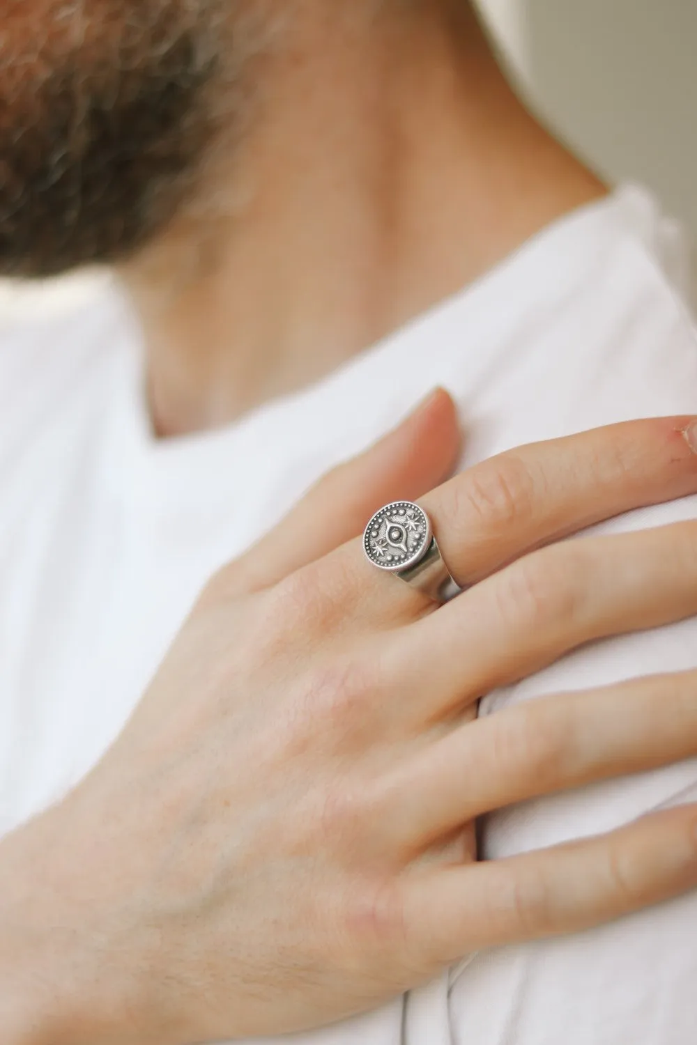 Ring for men, evil eye coin ring, silver men's ring, gift for him, adjustable ring, minimalist mens jewelry, disc medallion, stacking ring