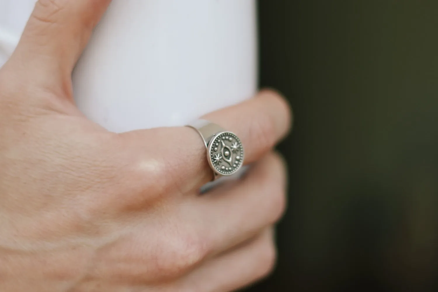 Ring for men, evil eye coin ring, silver men's ring, gift for him, adjustable ring, minimalist mens jewelry, disc medallion, stacking ring