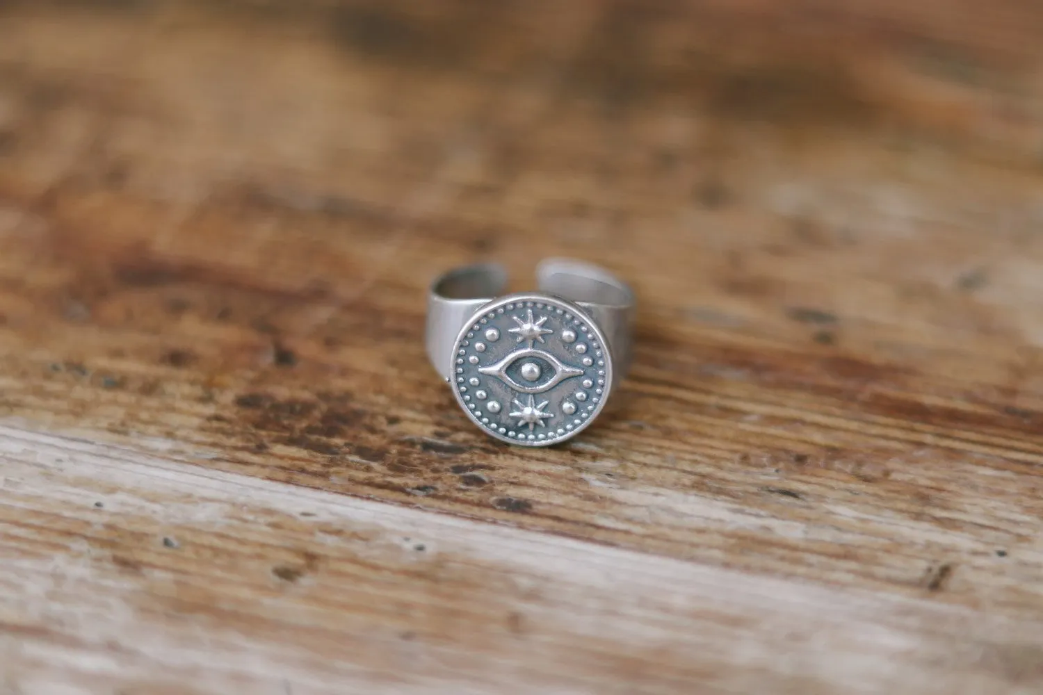 Ring for men, evil eye coin ring, silver men's ring, gift for him, adjustable ring, minimalist mens jewelry, disc medallion, stacking ring